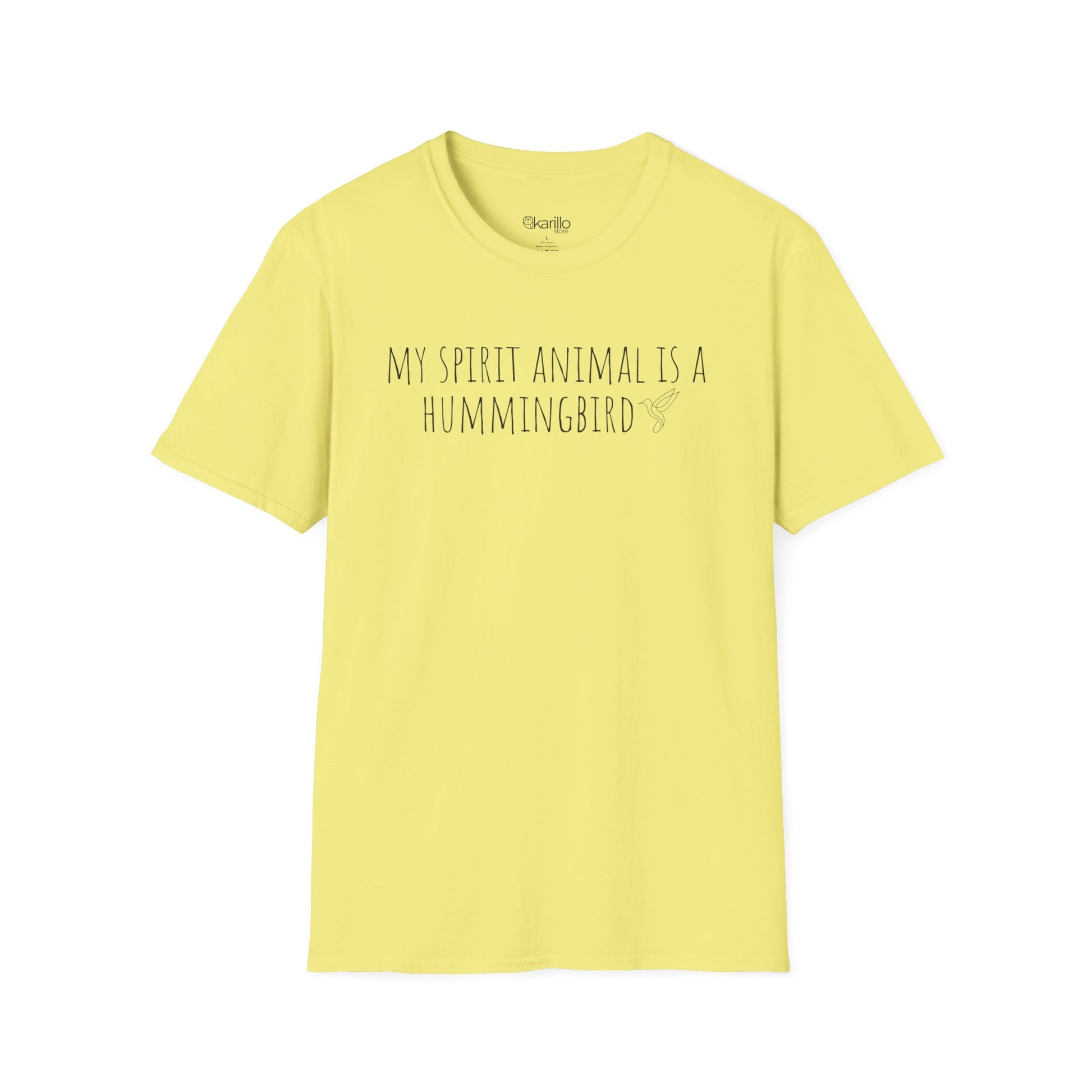 Front view of My Spirit Animal Is a Hummingbird graphic unisex t-shirt cornsilk color