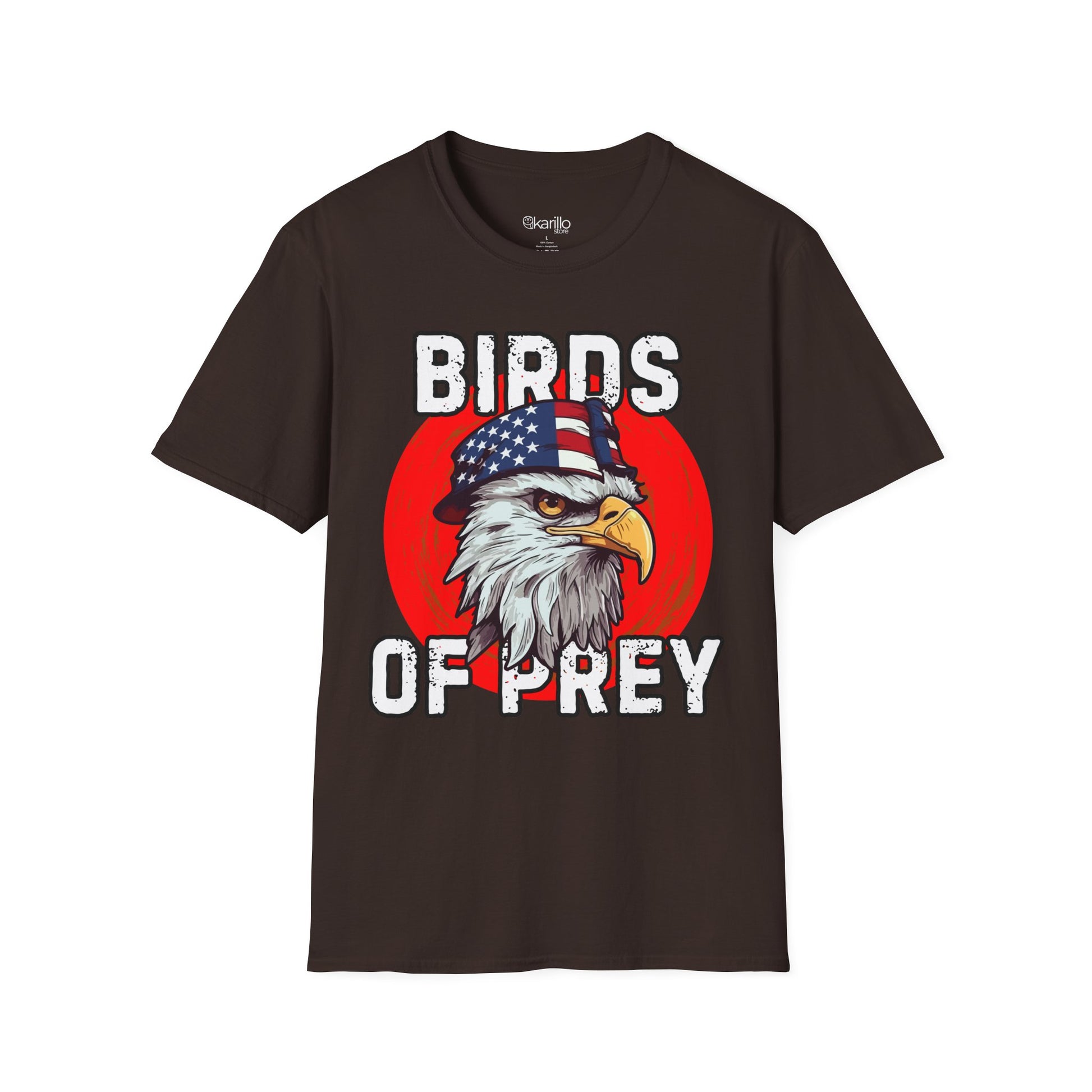 Brownt-shirt with an eagle graphic and 'Birds of Prey' text on a white background