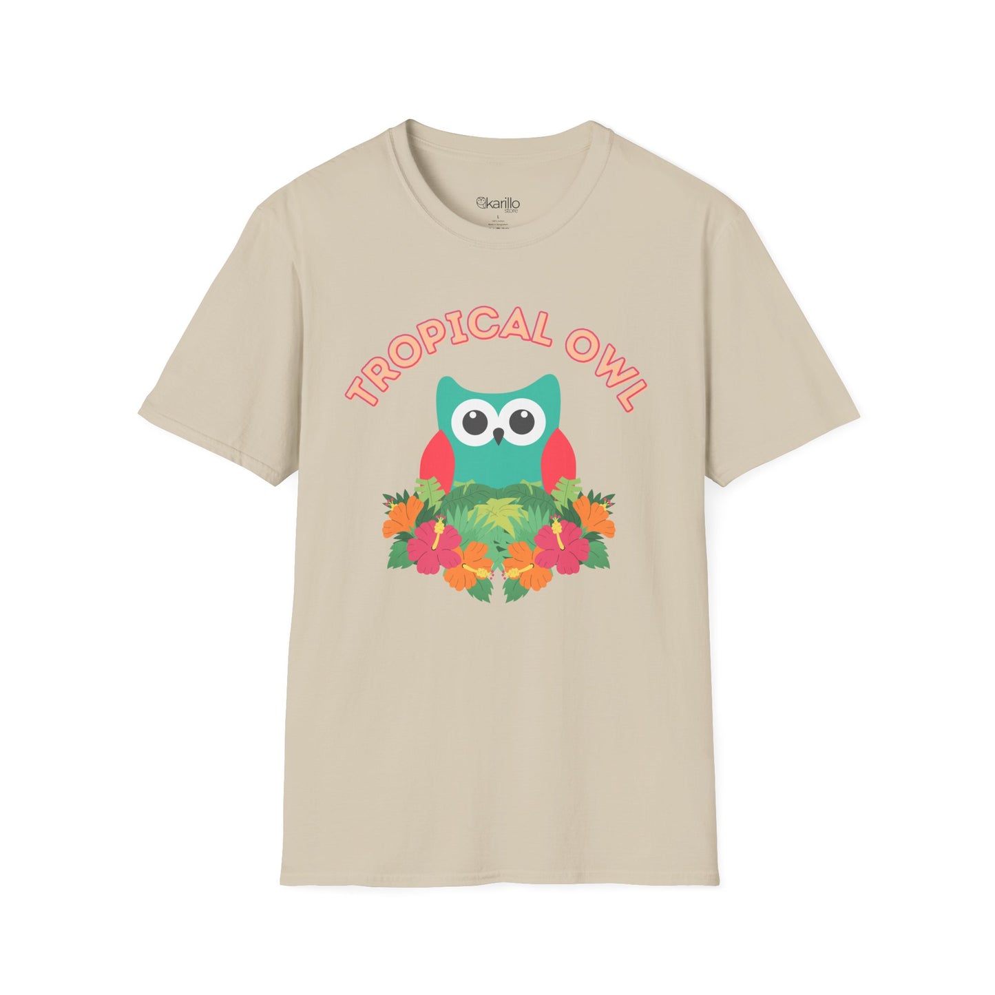 Beige t-shirt with a colorful owl graphic and 'Tropical Owl' text on a white background