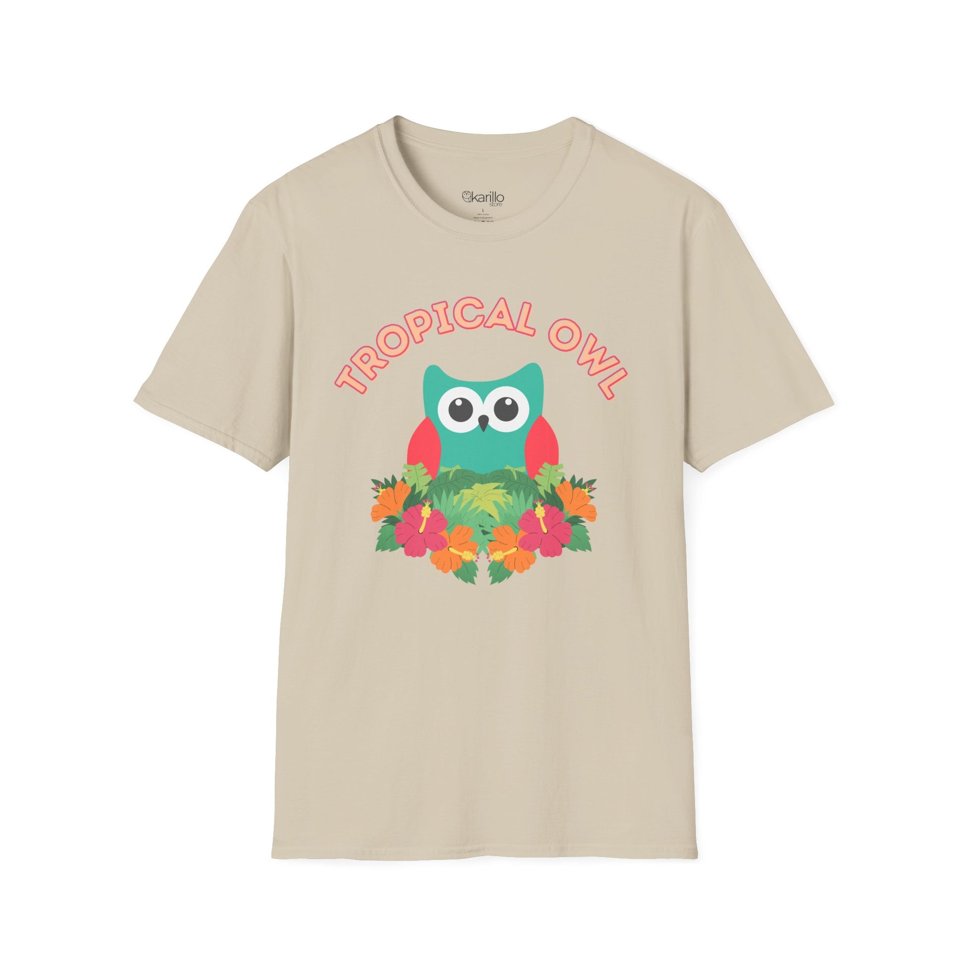Beige t-shirt with a colorful owl graphic and 'Tropical Owl' text on a white background