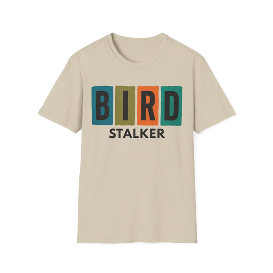 Sand color t-shirt with 'BIRD STALKER' text in colorful letters on a white background
