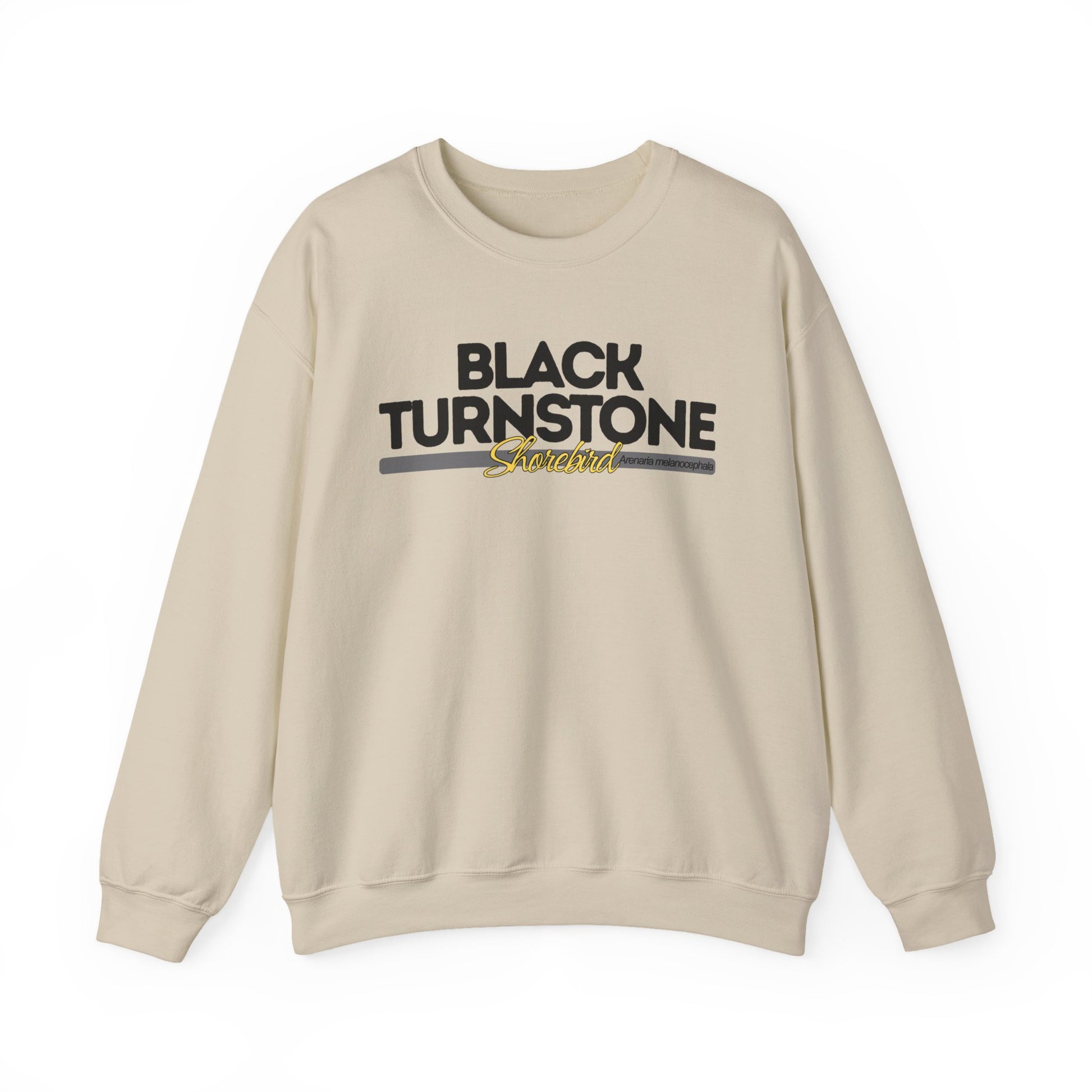 Beige sweatshirt with 'Black Turnstone' text on a white background