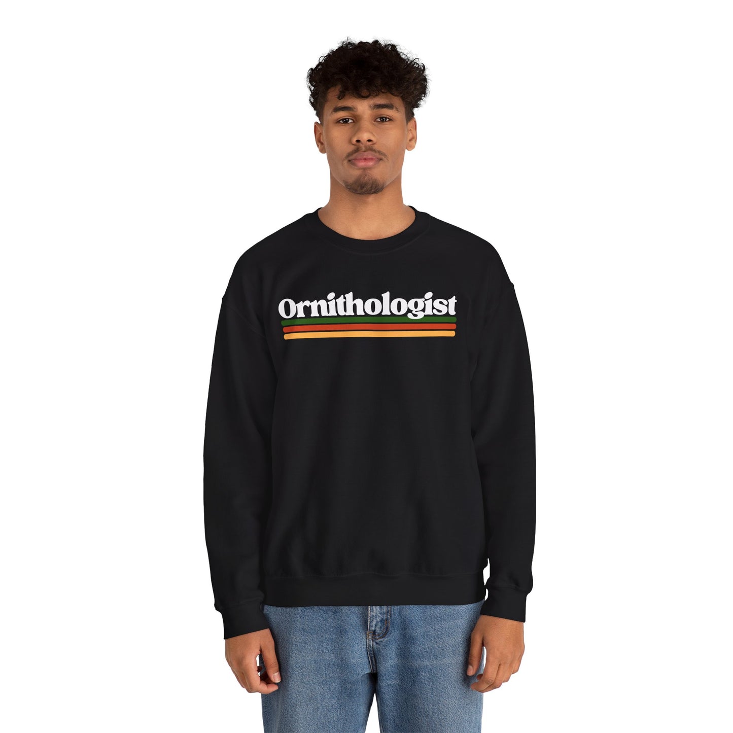 Person wearing a black sweatshirt with 'Ornithologist' text on a white background