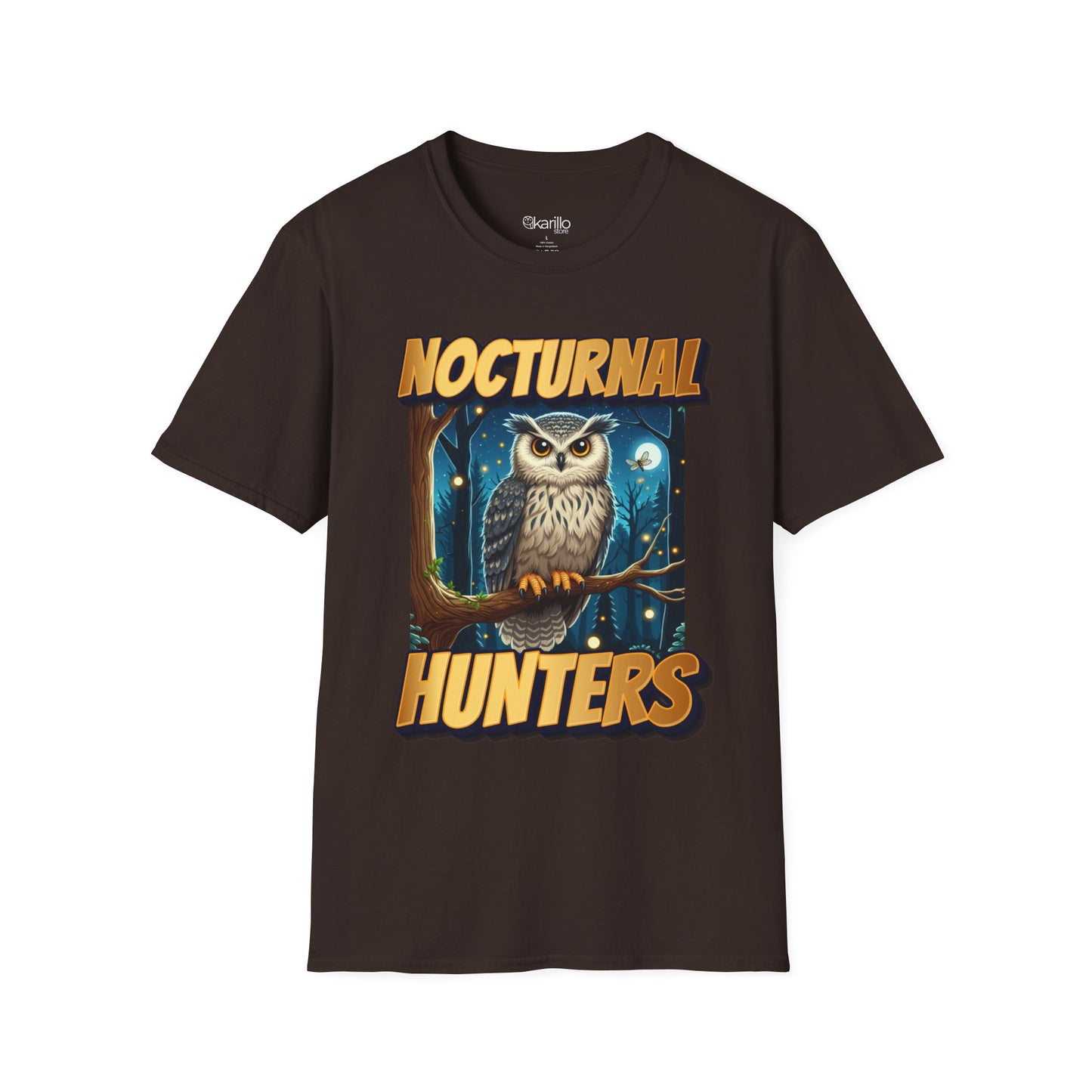 Front view of brown t-shirt with 'nocturnal hunters' text on a white background