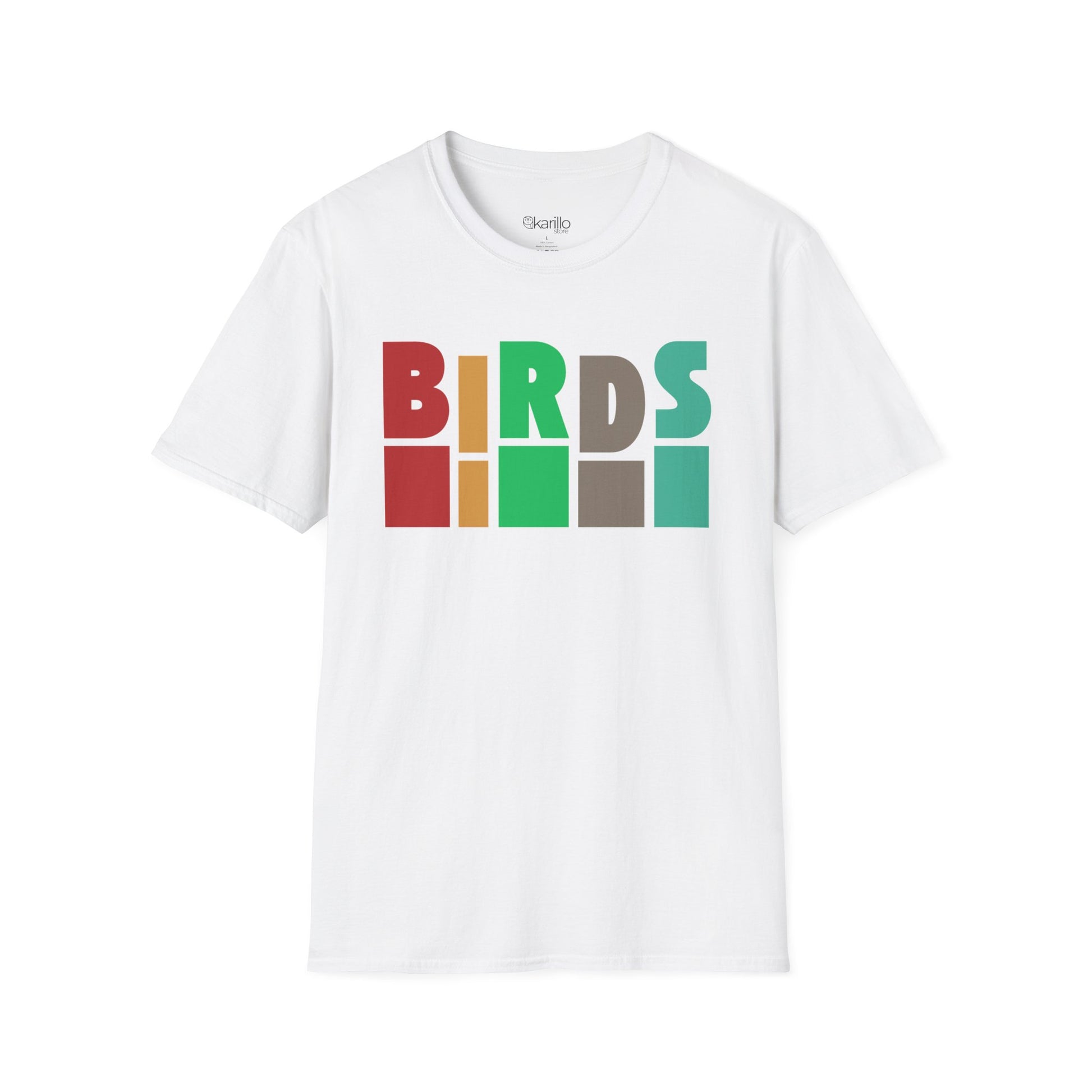 Front view of white t-shirt with 'Birds' text on a white background