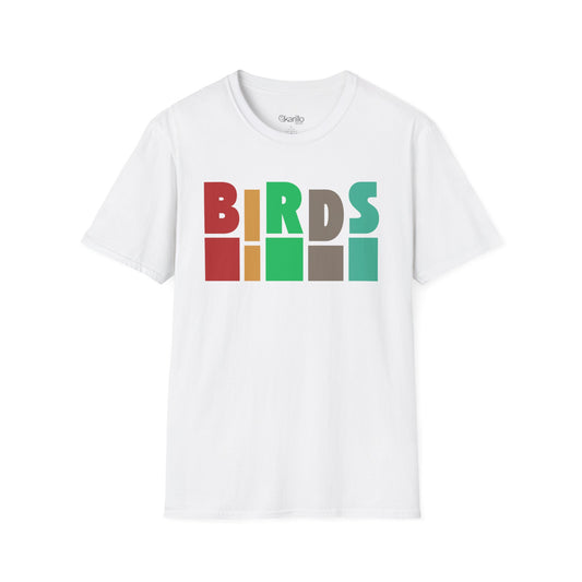 Front view of white t-shirt with 'Birds' text on a white background