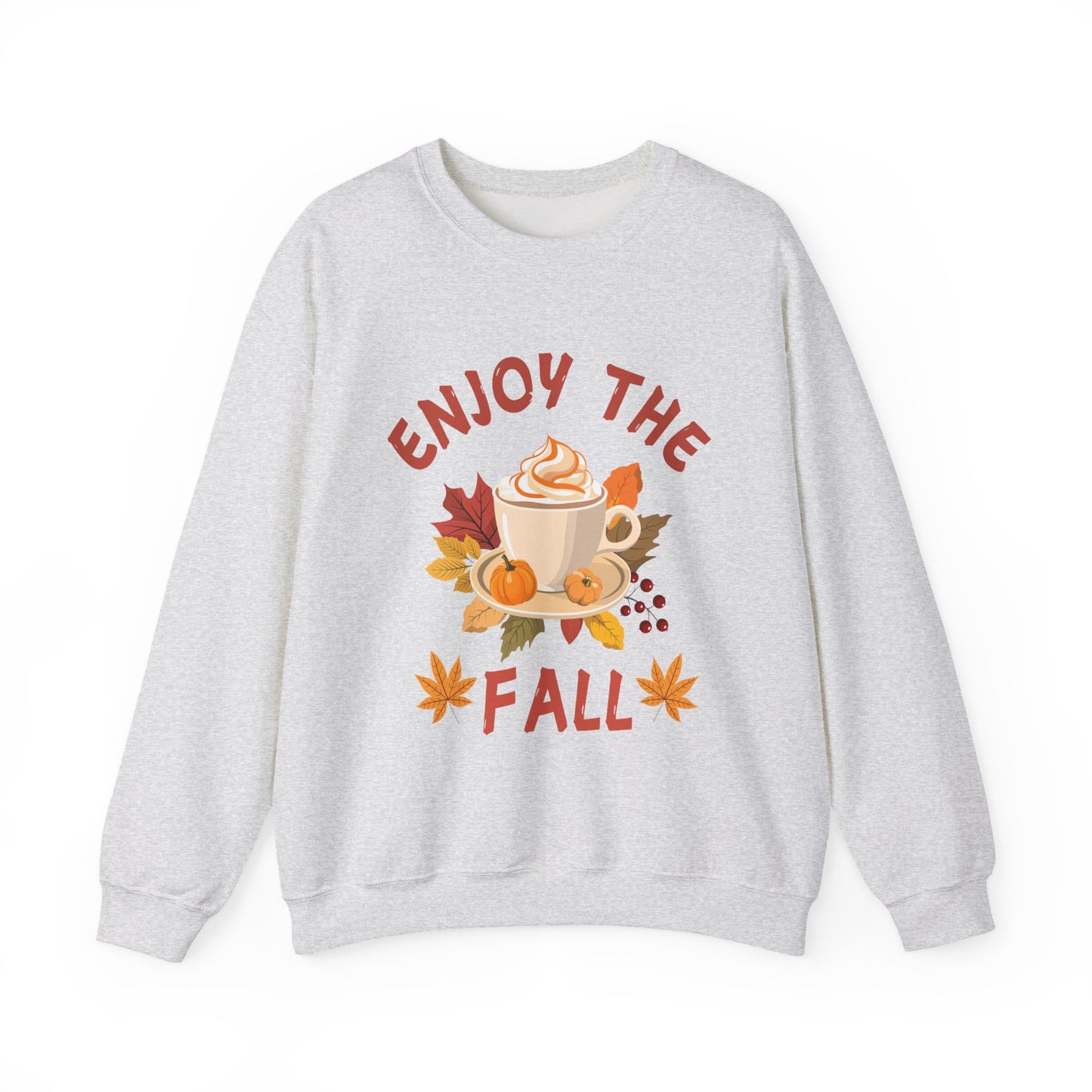 Gray sweatshirt with 'Enjoy the Fall' graphic on a white background