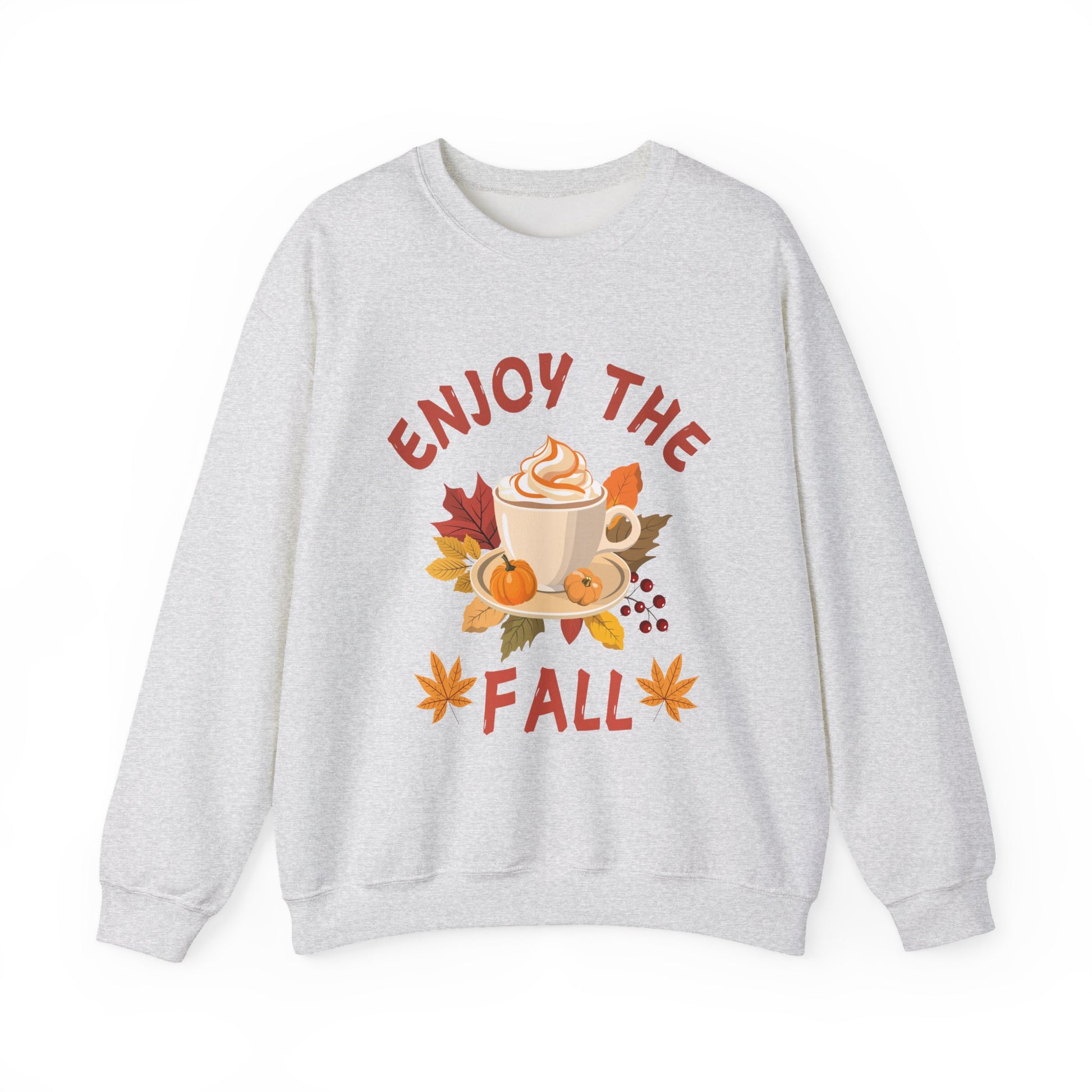 Gray sweatshirt with 'Enjoy the Fall' graphic on a white background