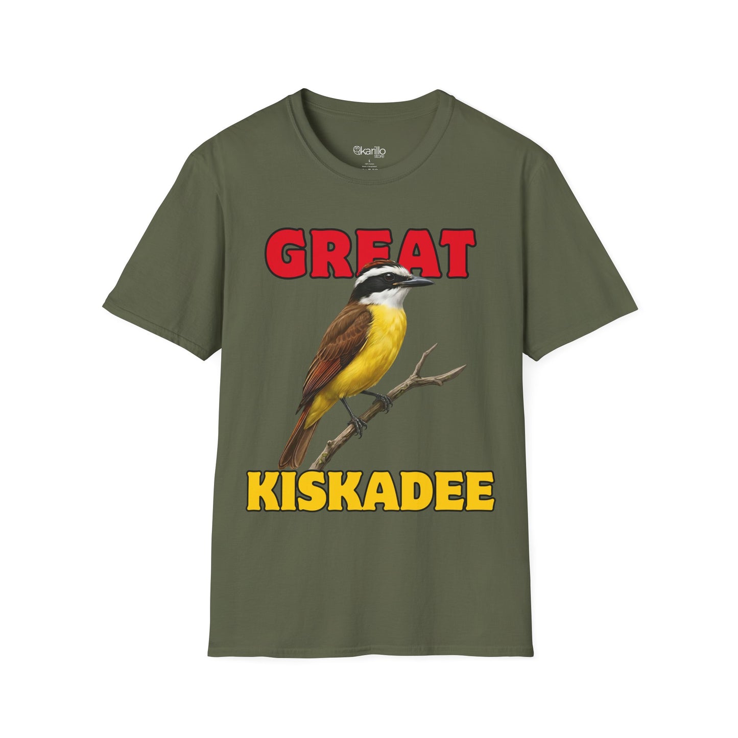 MIlitary Green t-shirt with a bird graphic and text 'GREAT KISKADEE' on a white background