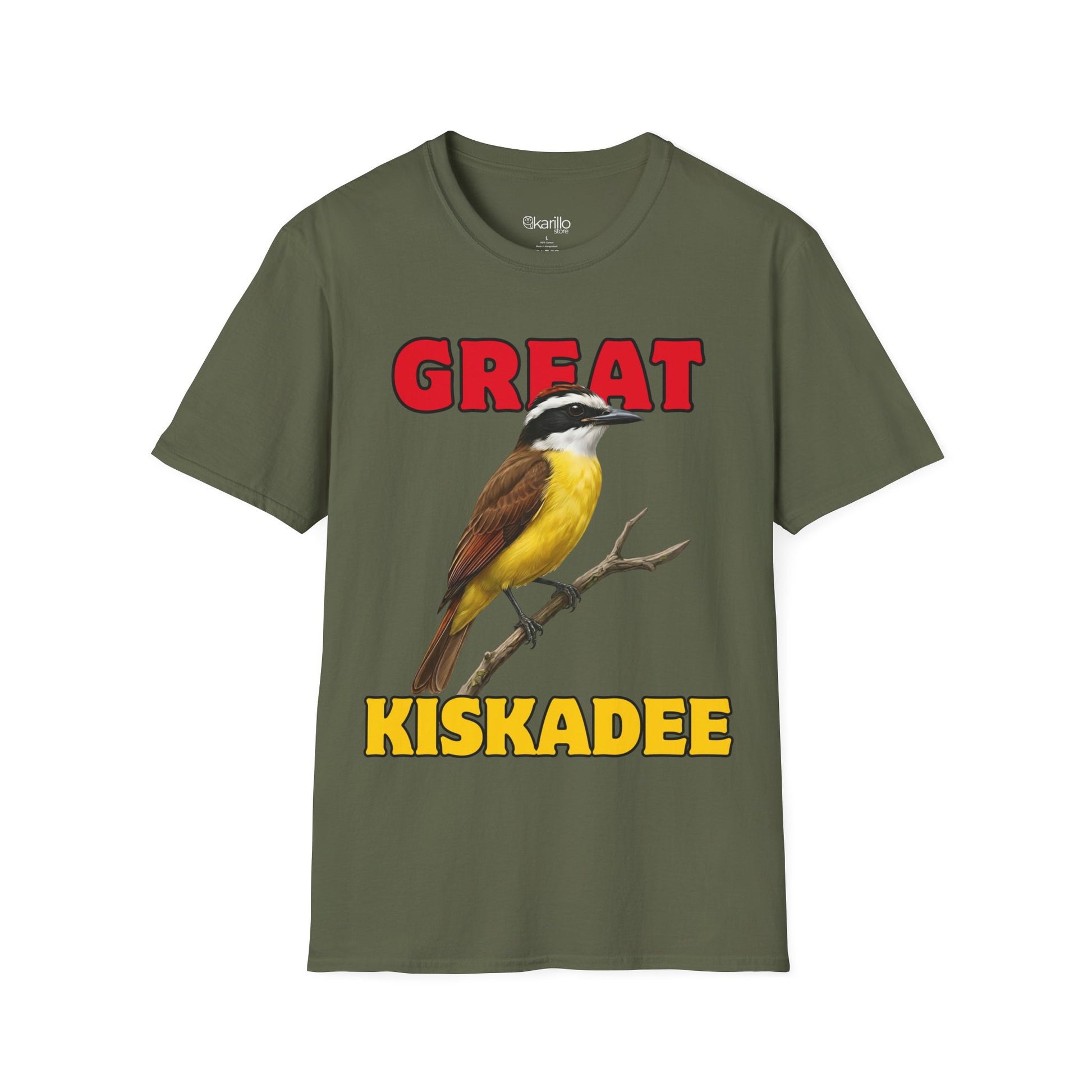 MIlitary Green t-shirt with a bird graphic and text 'GREAT KISKADEE' on a white background