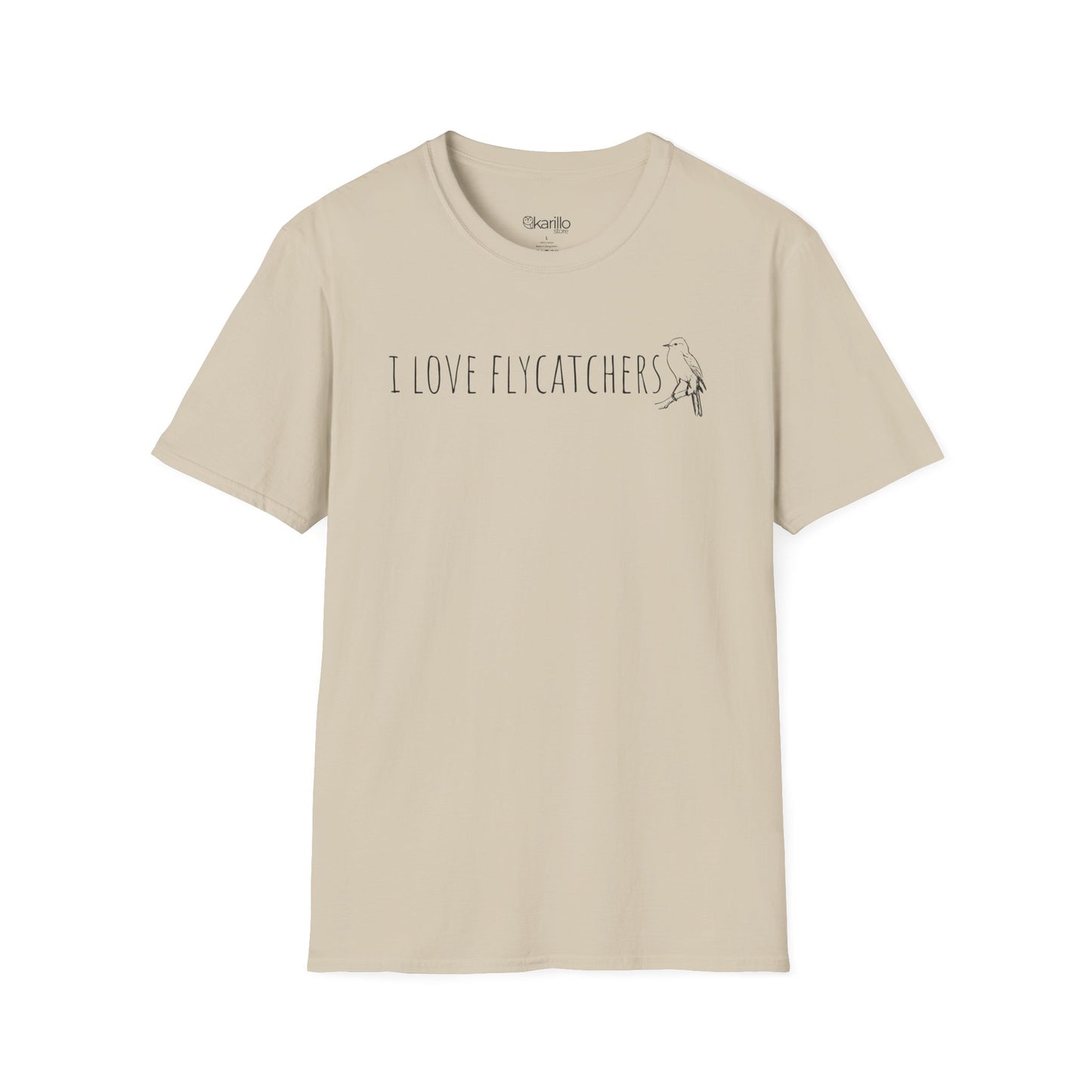 Beige t-shirt with 'I Love Flycatchers' text and graphic on a white background