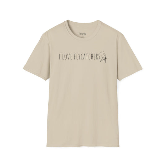 Beige t-shirt with 'I Love Flycatchers' text and graphic on a white background