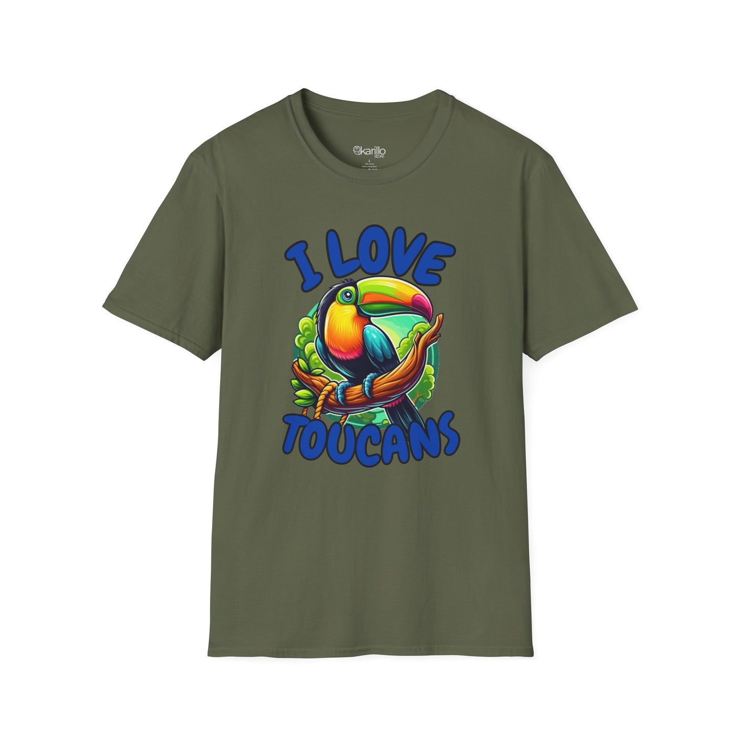 Front viewmilitary green t-shirt with a colorful toucan graphic and 'I Love Toucans' text on a white background