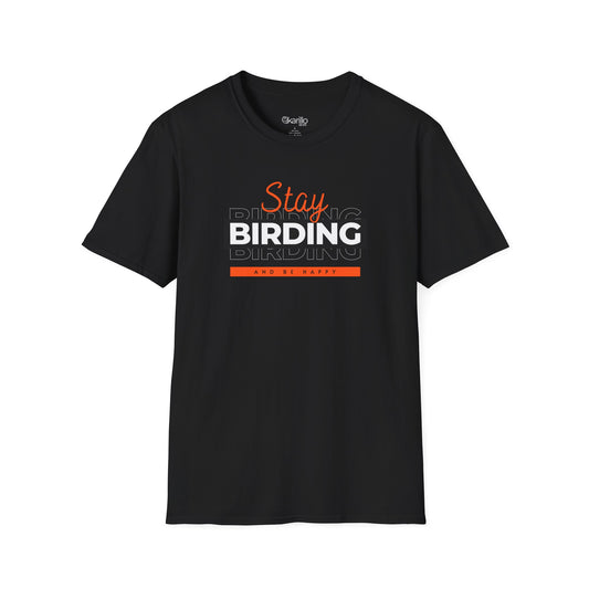 Front view Black t-shirt with 'Stay BIRDING' text design on a white background