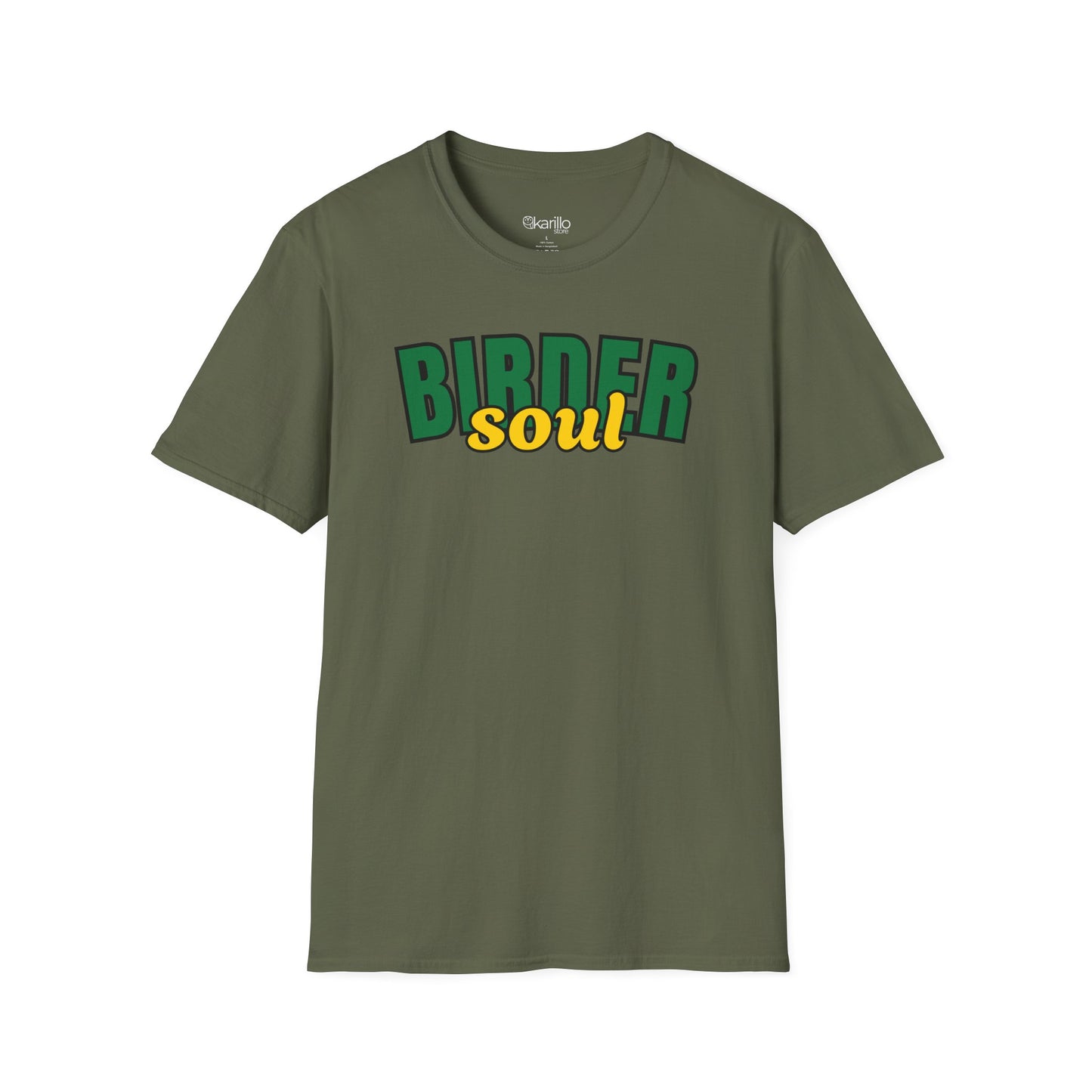 Green t-shirt with 'BIRDER soul' text on a white background