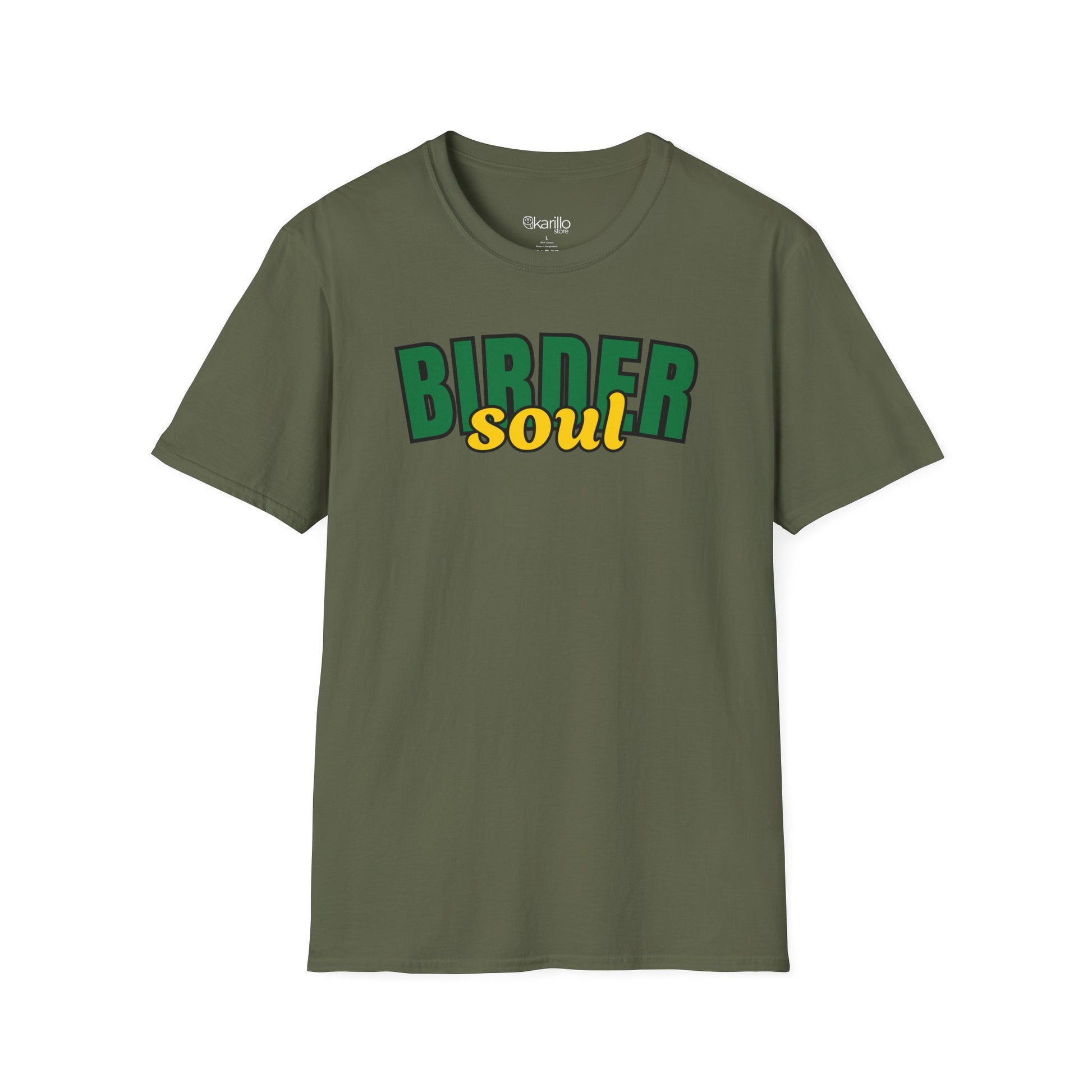 Green t-shirt with 'BIRDER soul' text on a white background
