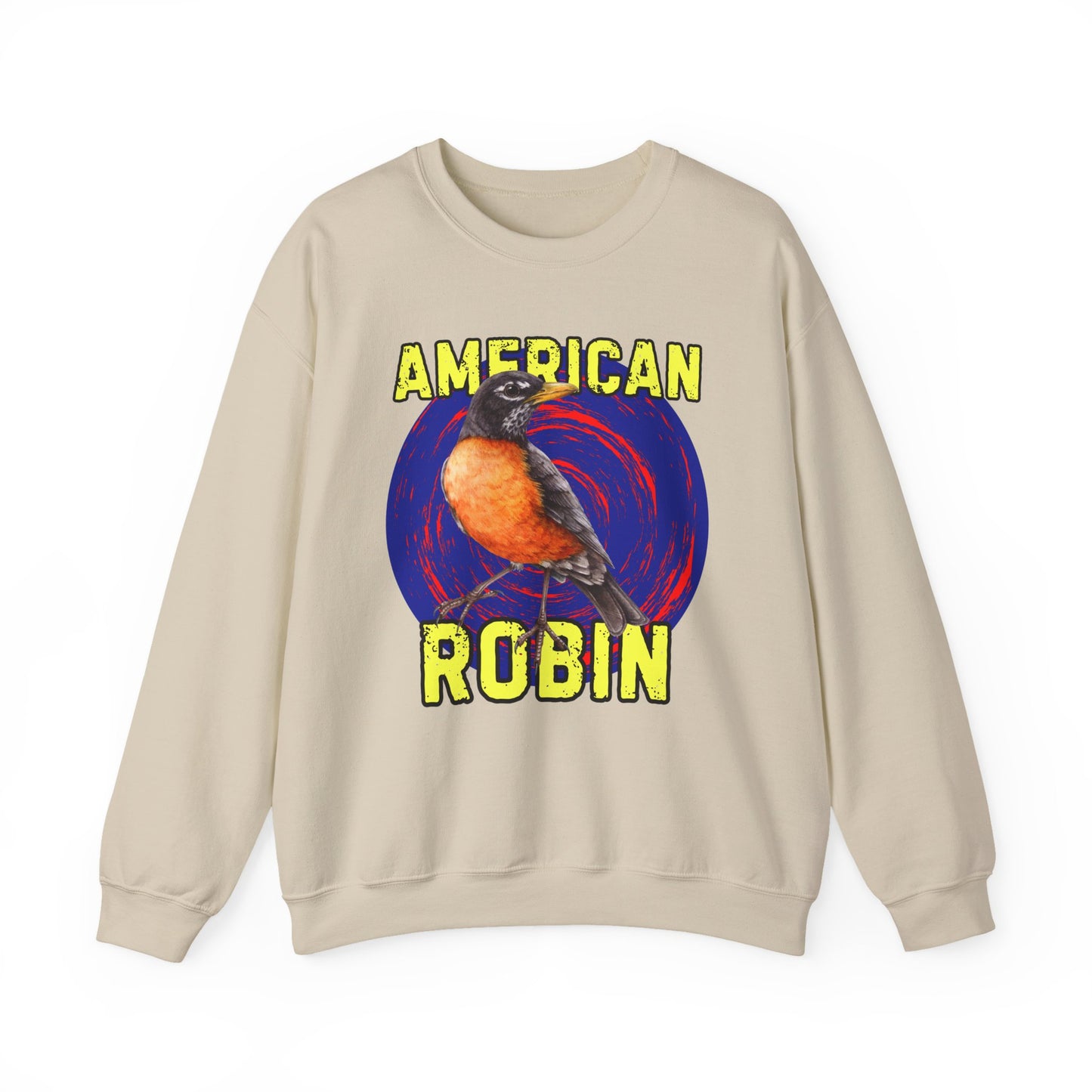 Beige sweatshirt with an 'American Robin' graphic on a white background