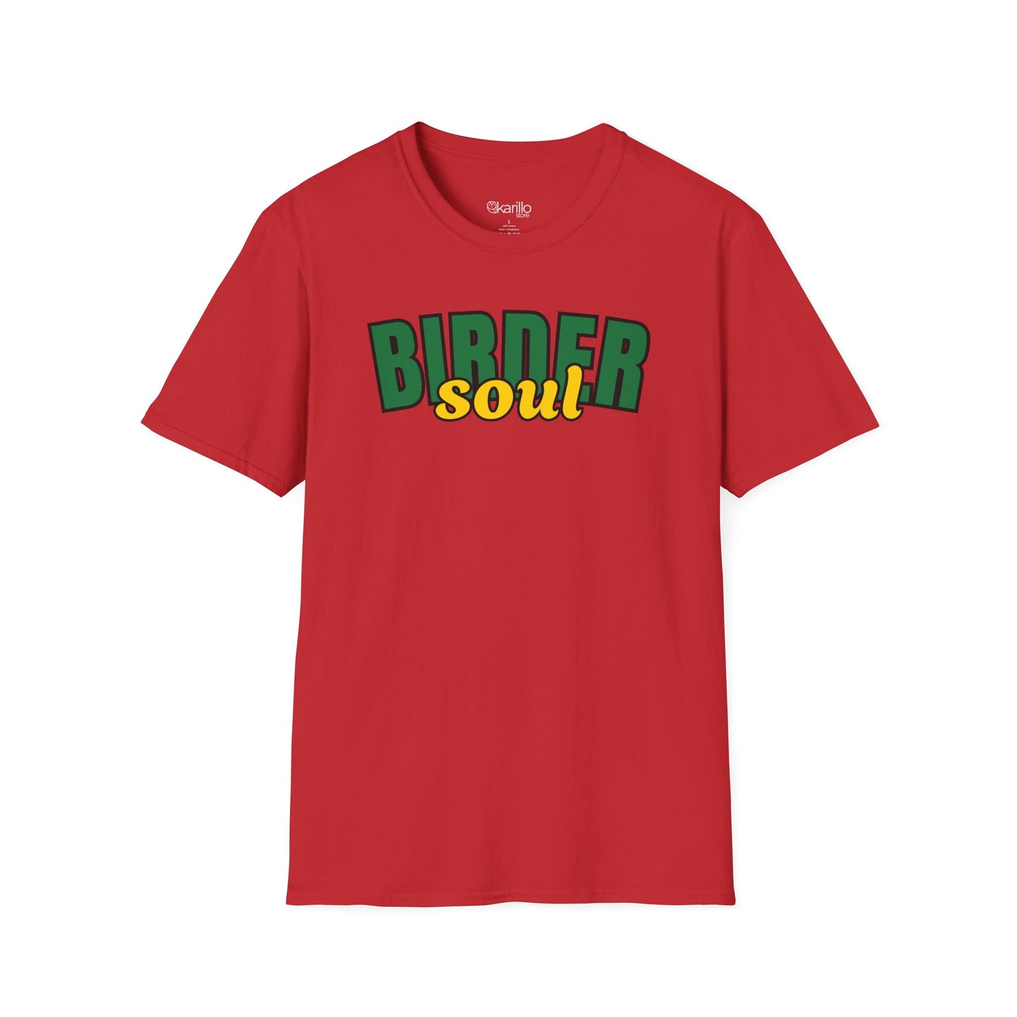 Red t-shirt with 'BORDER SOUL' text in green and yellow on a white background