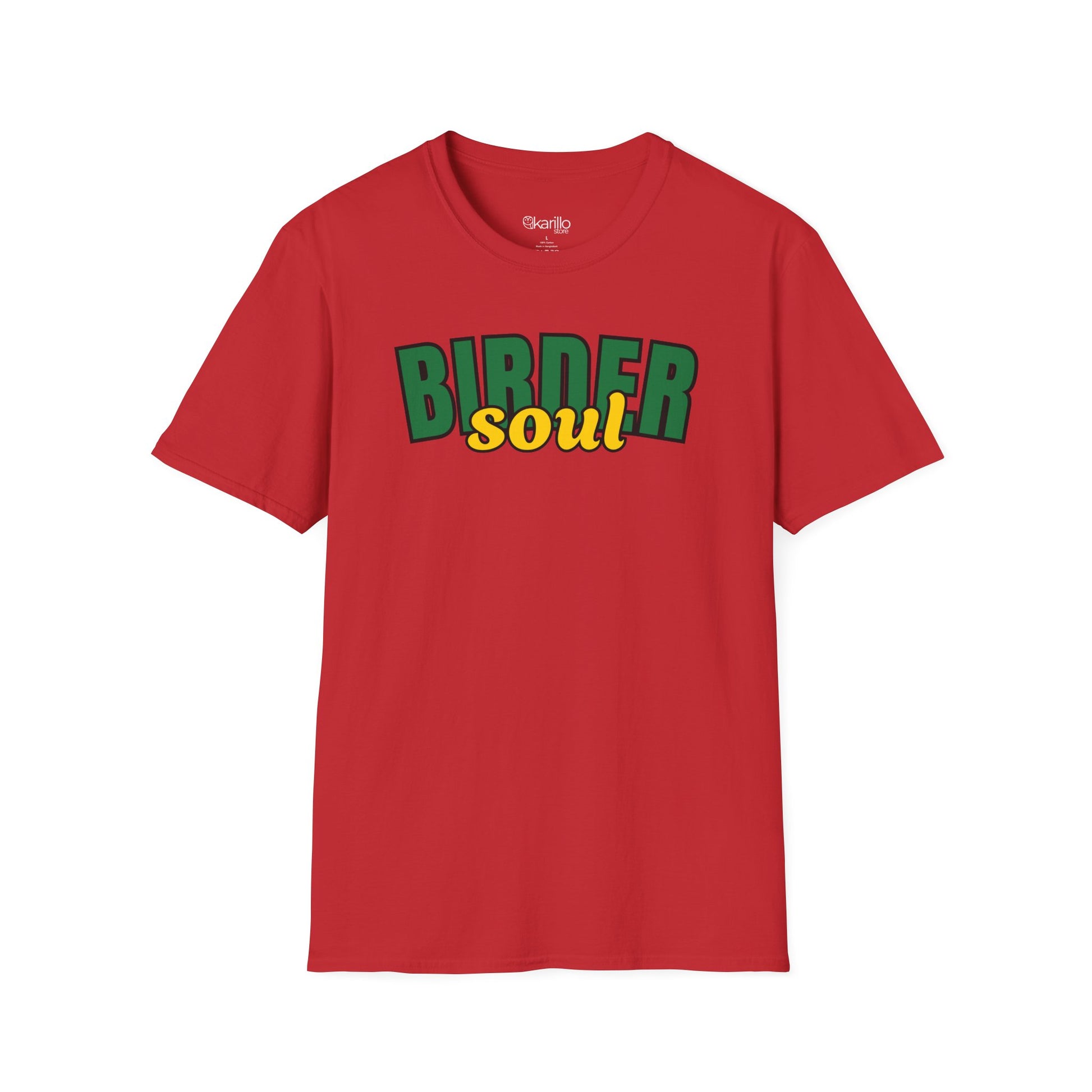 Red t-shirt with 'BORDER SOUL' text in green and yellow on a white background