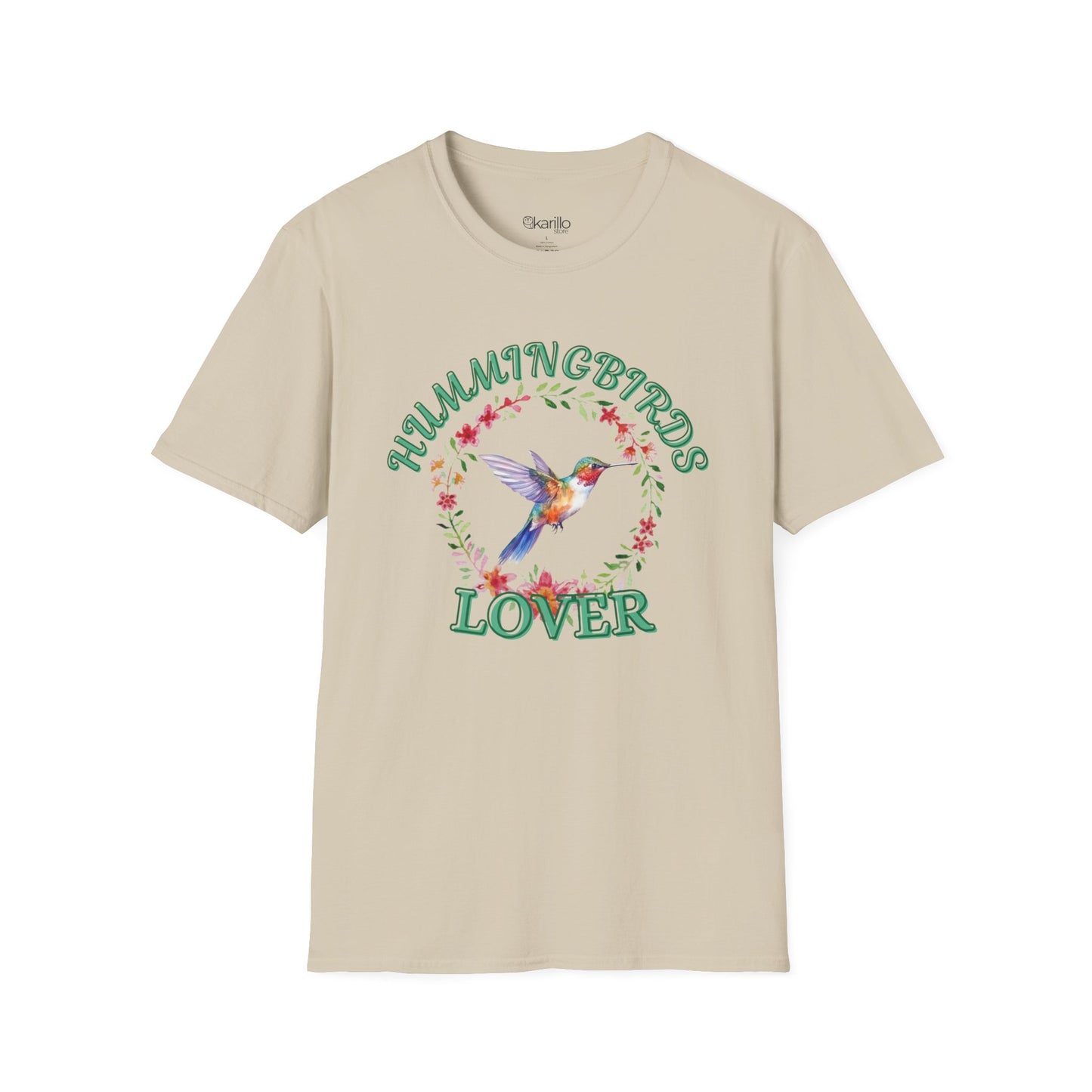 front view sand color t-shirt with hummingbird design and text on a white background