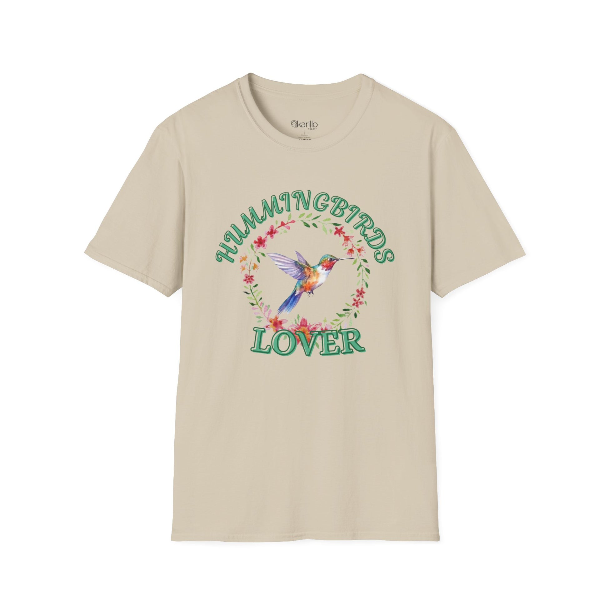 front view sand color t-shirt with hummingbird design and text on a white background