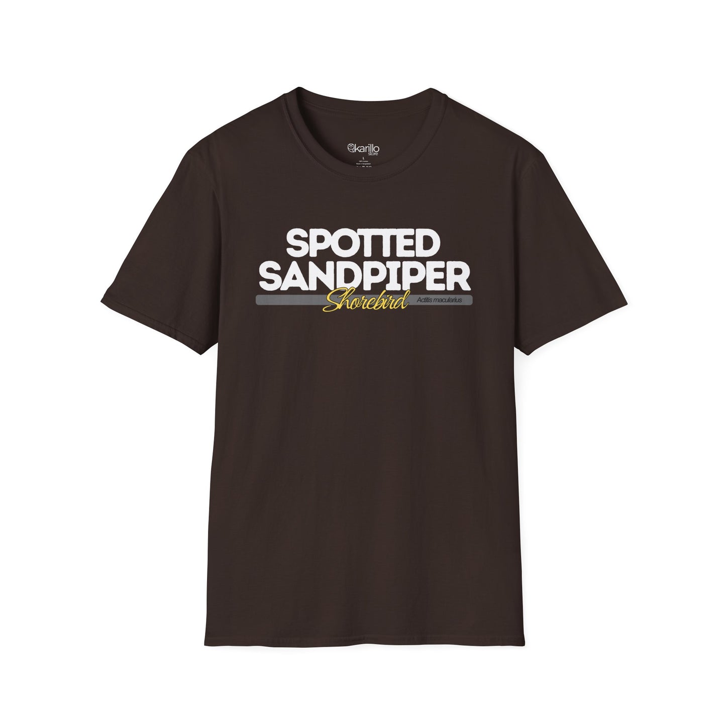 Front view of brown t-shirt with 'Spotted Sandpiper' text on a white background