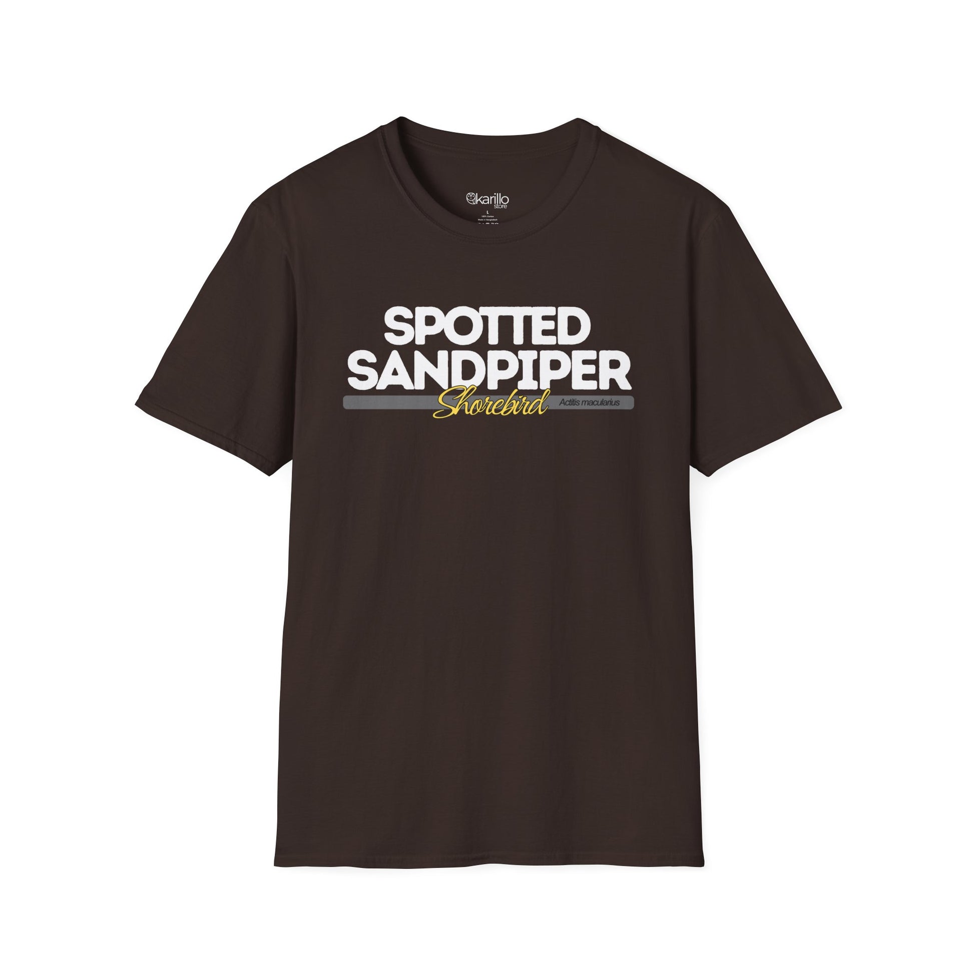 Front view of brown t-shirt with 'Spotted Sandpiper' text on a white background