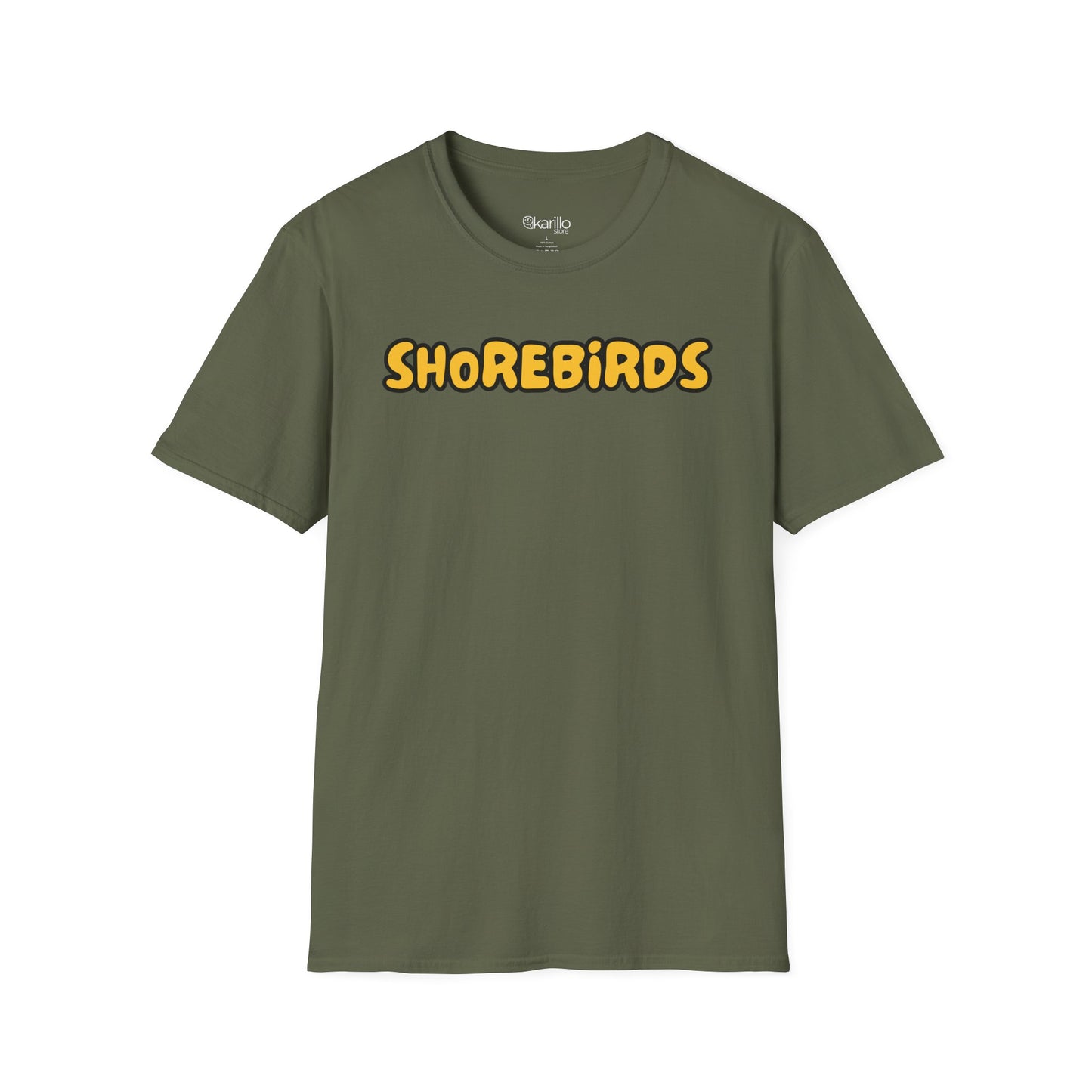 Green t-shirt with 'SHOREBIRDS' text on a white background