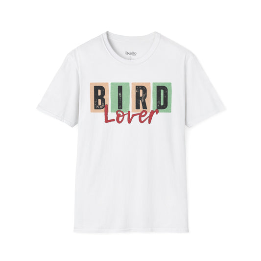 Front view of white t-shirt with 'Bird Lover' text on a white background