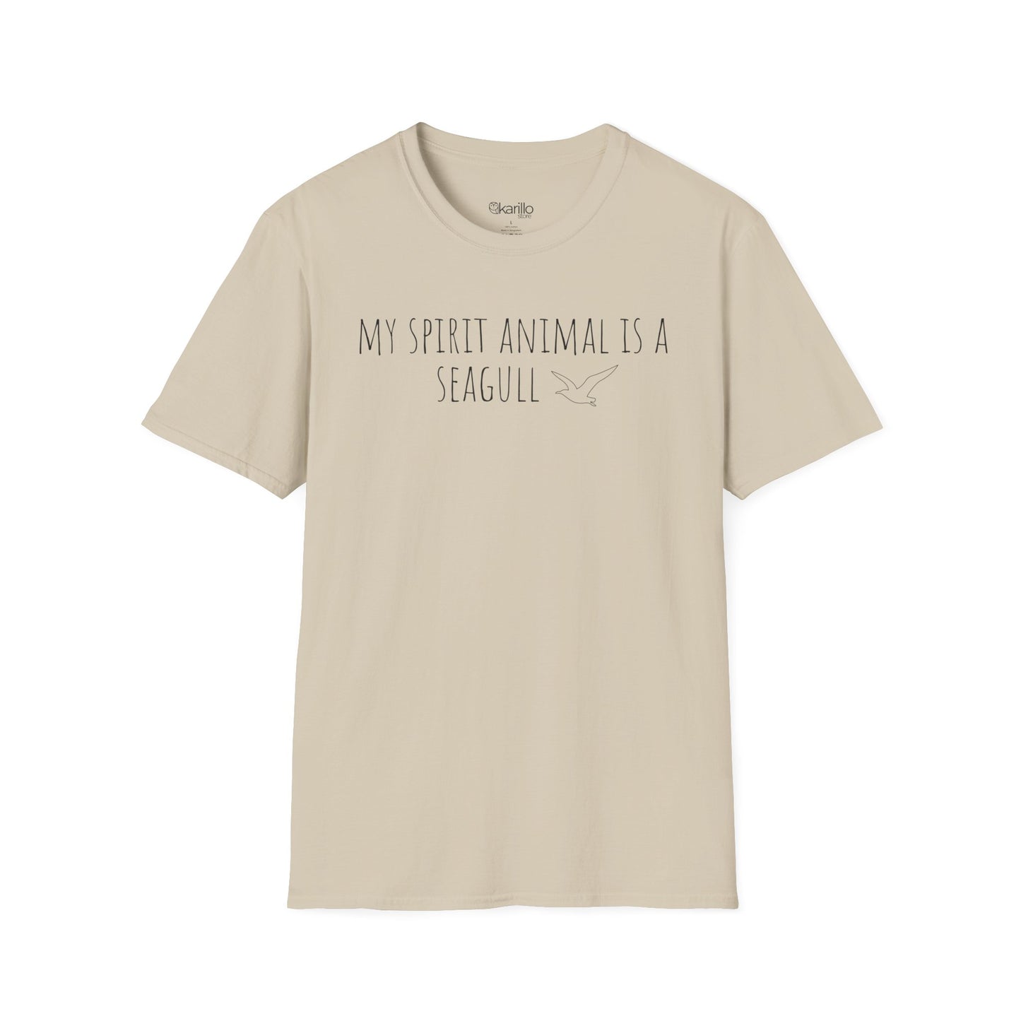 Beige t-shirt with text 'My spirit animal is a seagull' on a white background