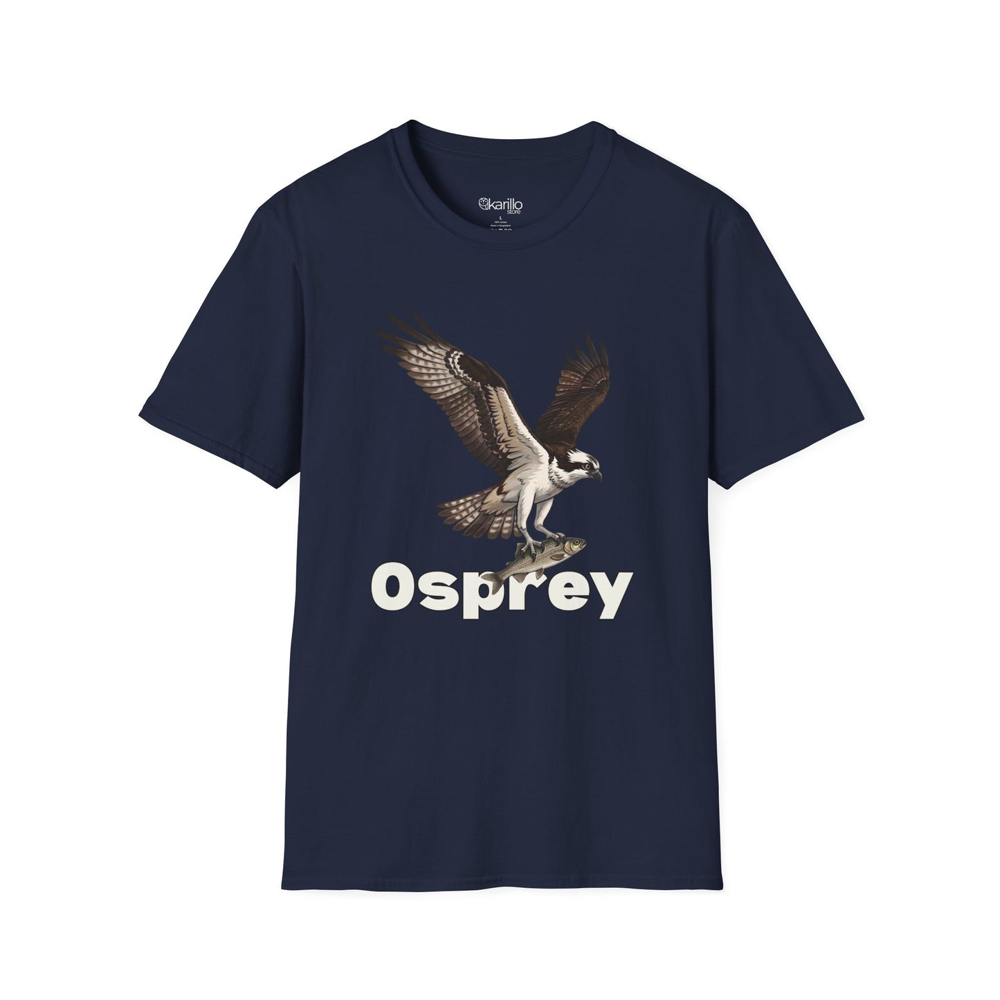 Navy Blue t-shirt with an osprey graphic and 'Osprey' text on a white background