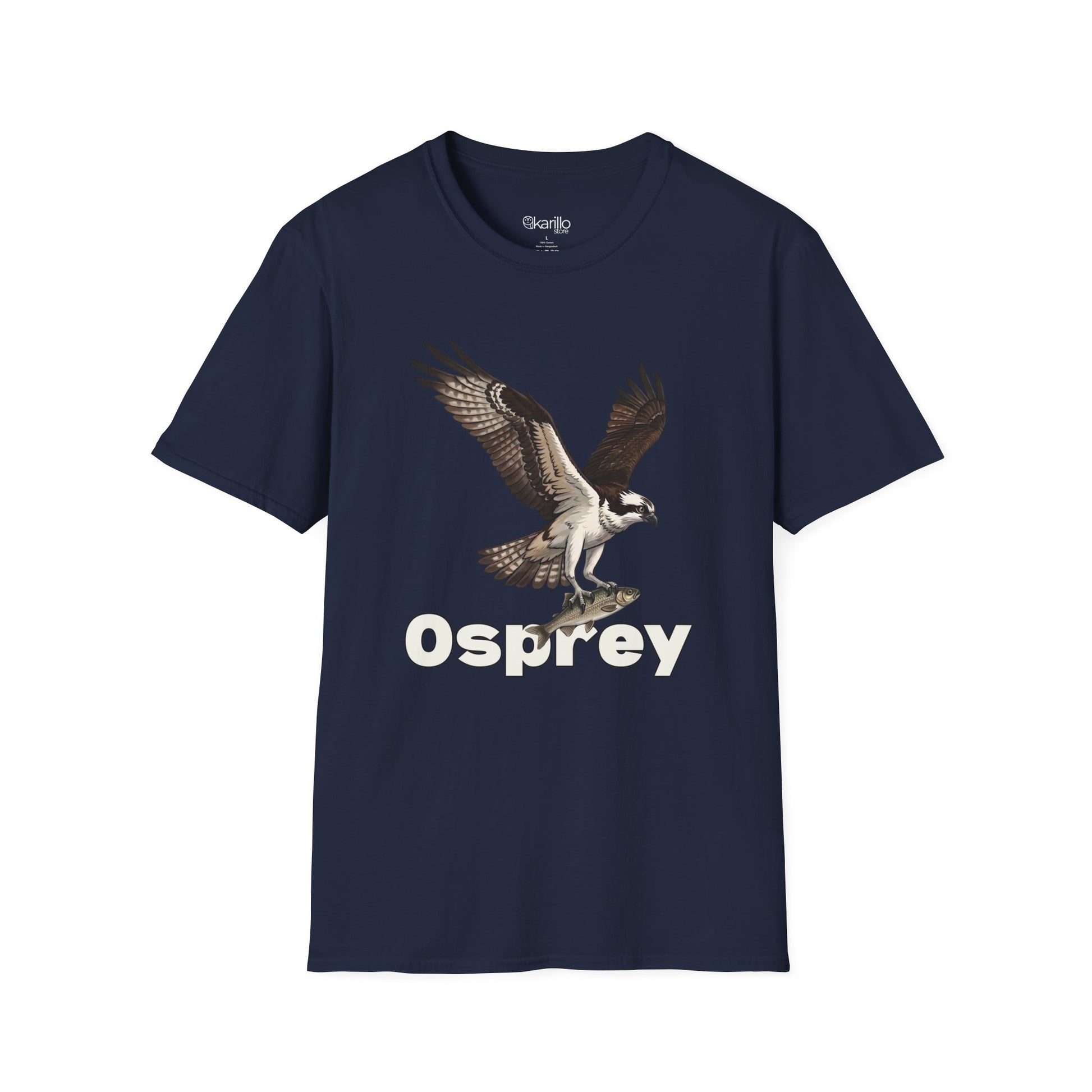 Navy Blue t-shirt with an osprey graphic and 'Osprey' text on a white background