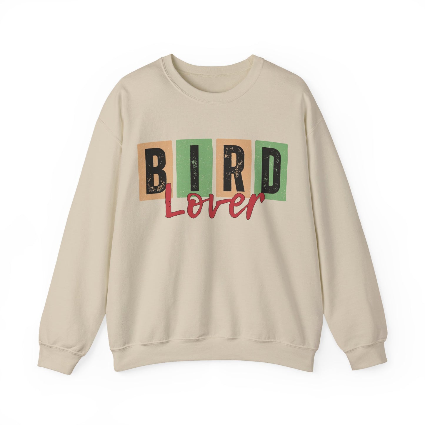 Beige sweatshirt with 'Bird Lover' text in multicolor on a white background