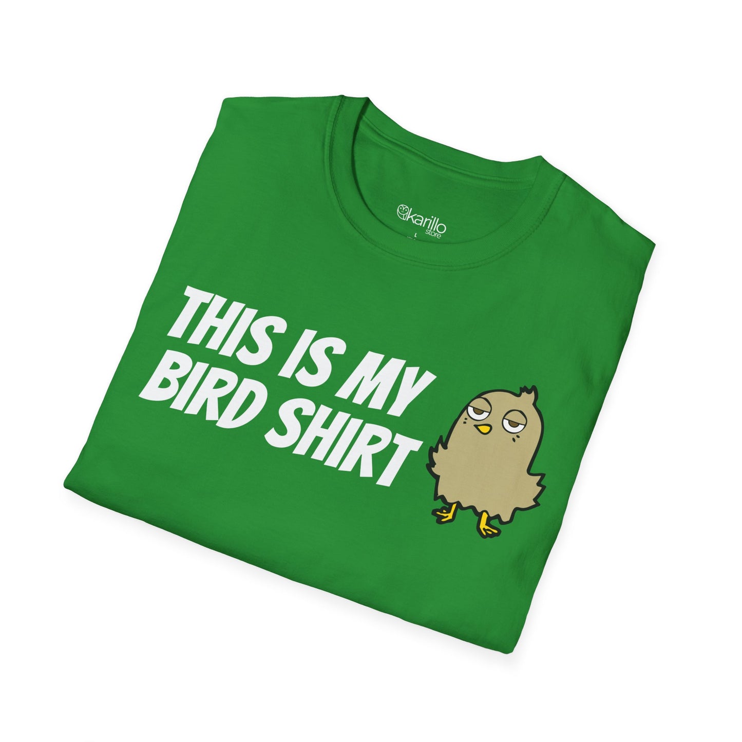 Folded green t-shirt with "this is my bird shirt" with a graphic cartoon bird on a  white background.