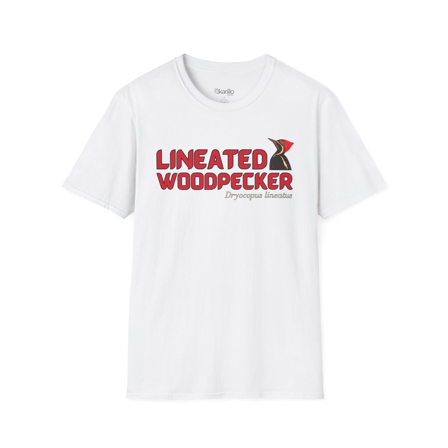 Front view white t-shirt with "lineated woodpecker" text on a white background