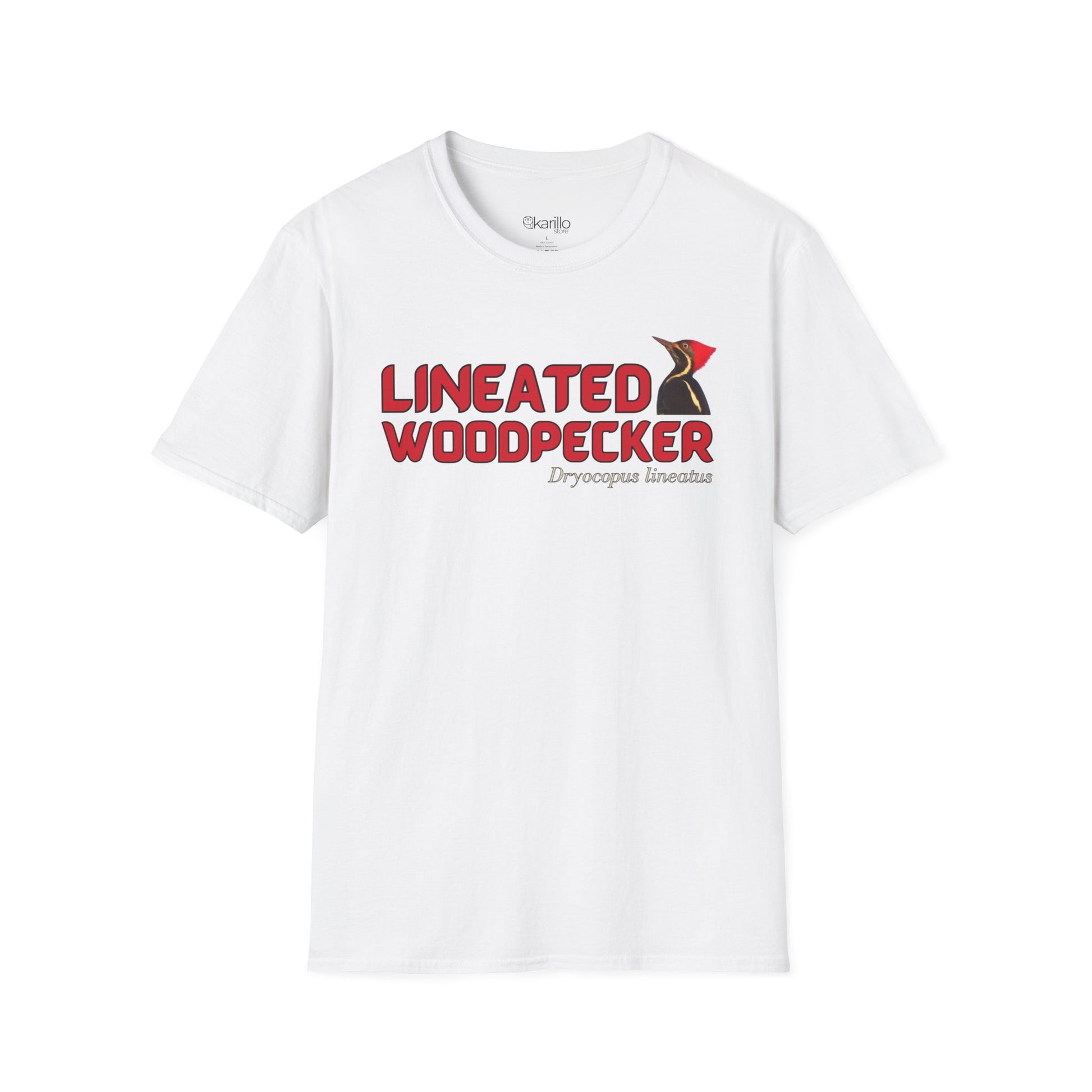 Front view white t-shirt with "lineated woodpecker" text on a white background