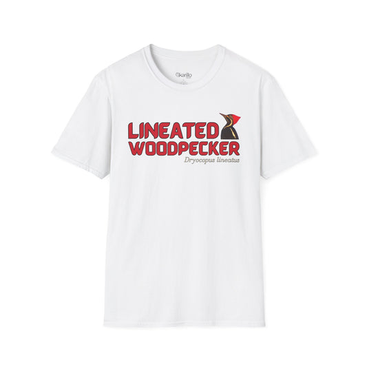 Front view white t-shirt with "lineated woodpecker" text on a white background