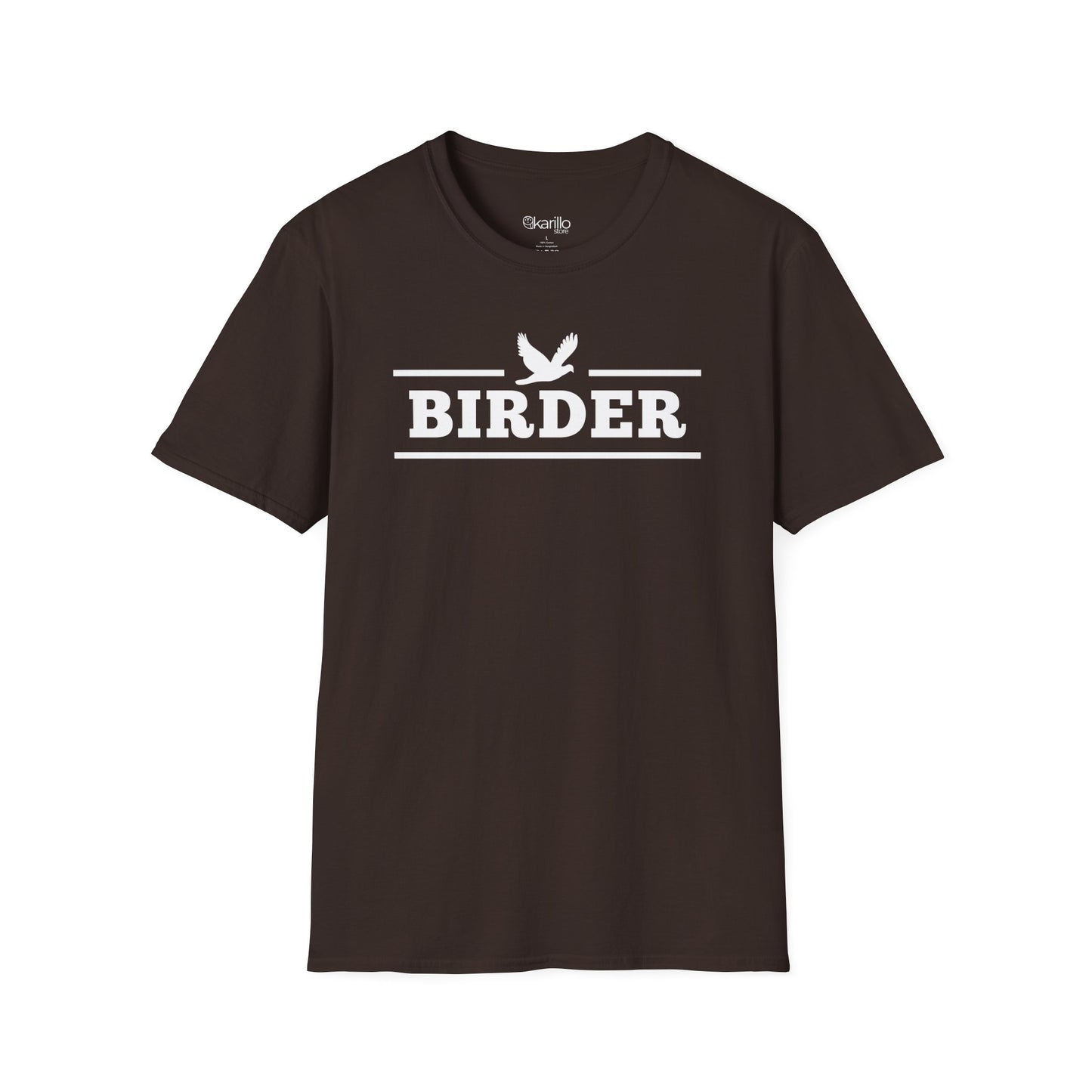 Brown Birder T-shirt with white birdwatching graphic, retro collegiate style birding apparel for men and women.