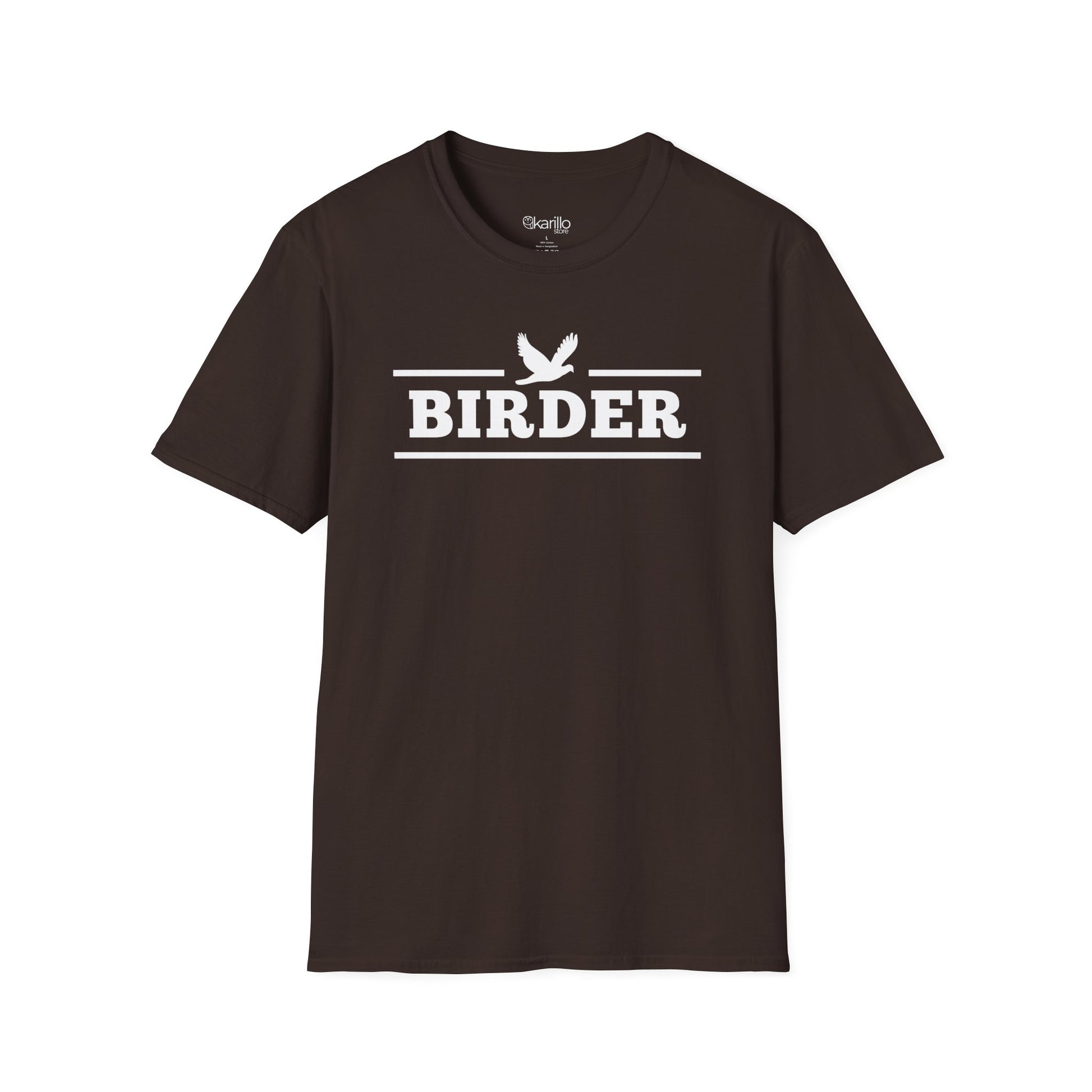 Brown Birder T-shirt with white birdwatching graphic, retro collegiate style birding apparel for men and women.