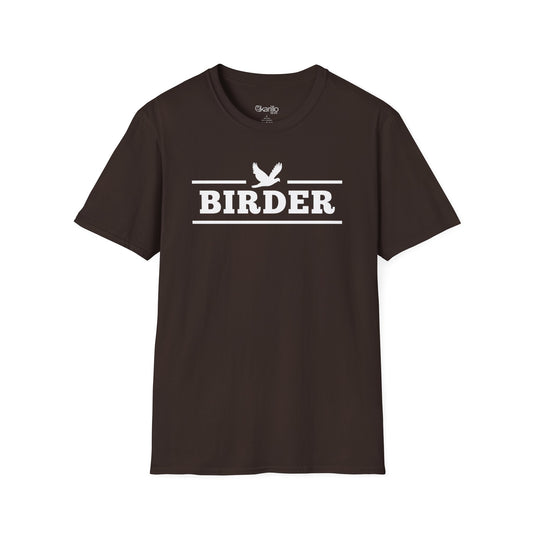 Brown Birder T-shirt with white birdwatching graphic, retro collegiate style birding apparel for men and women.