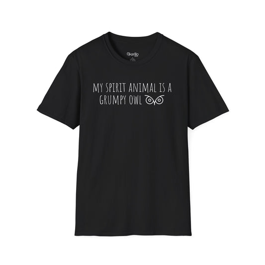 Front view of black t-shirt with text 'My spirit animal is a grumpy owl' on a white background