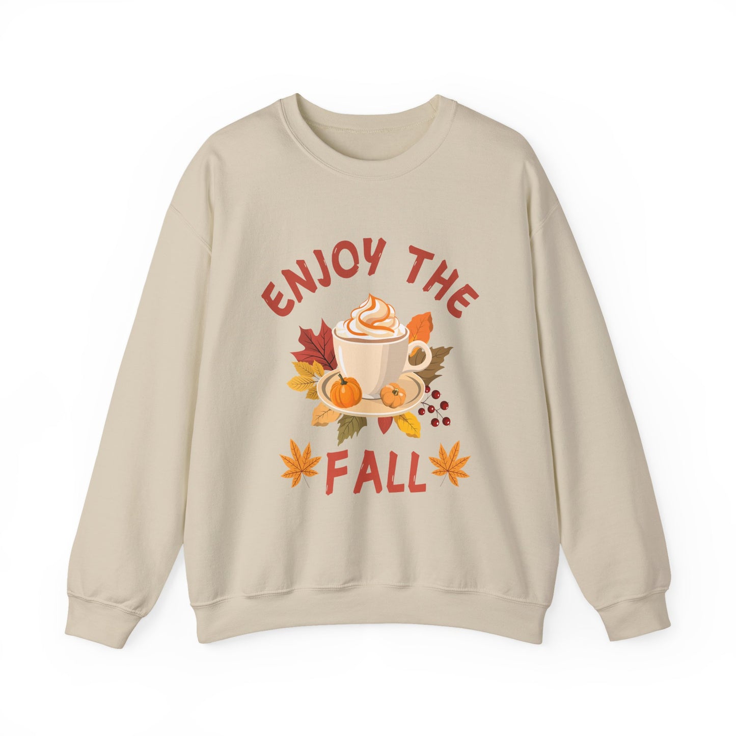 Beige sweatshirt with 'Enjoy the Fall' text and autumn-themed graphics on a white background