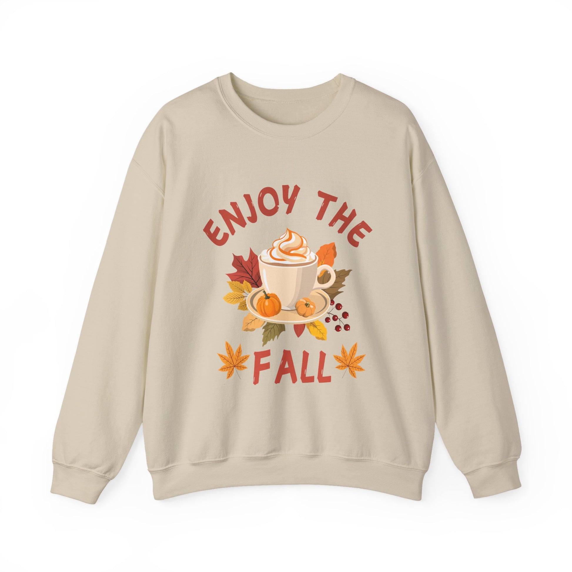 Beige sweatshirt with 'Enjoy the Fall' text and autumn-themed graphics on a white background