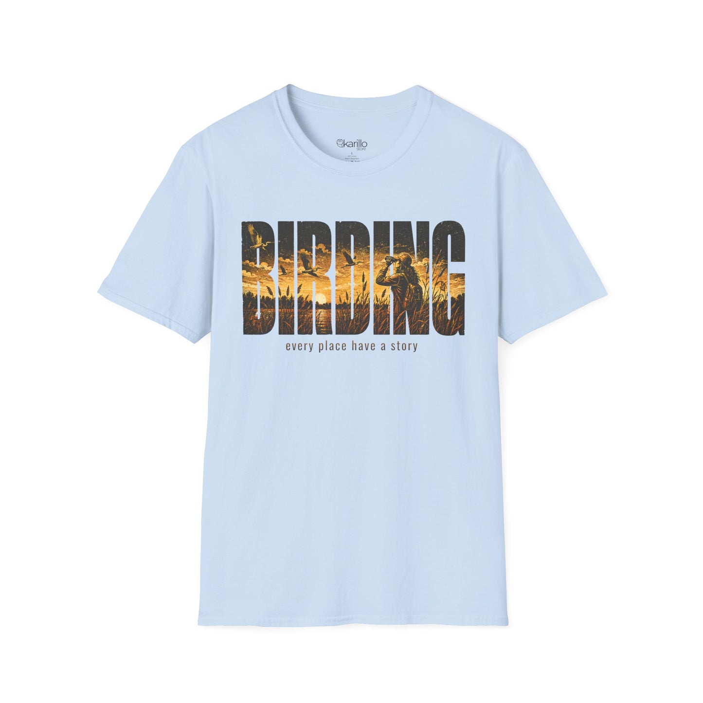 Light blue t-shirt with Birding text sunset scenic with white background