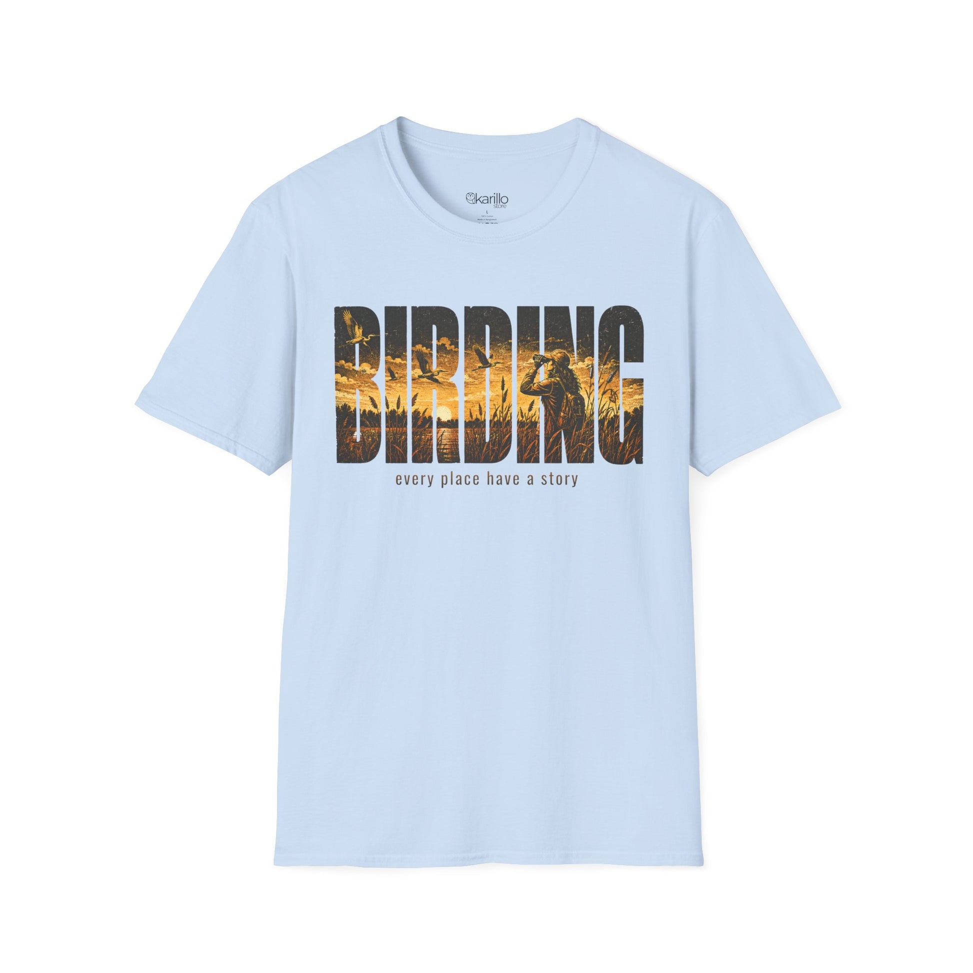 Light blue t-shirt with Birding text sunset scenic with white background