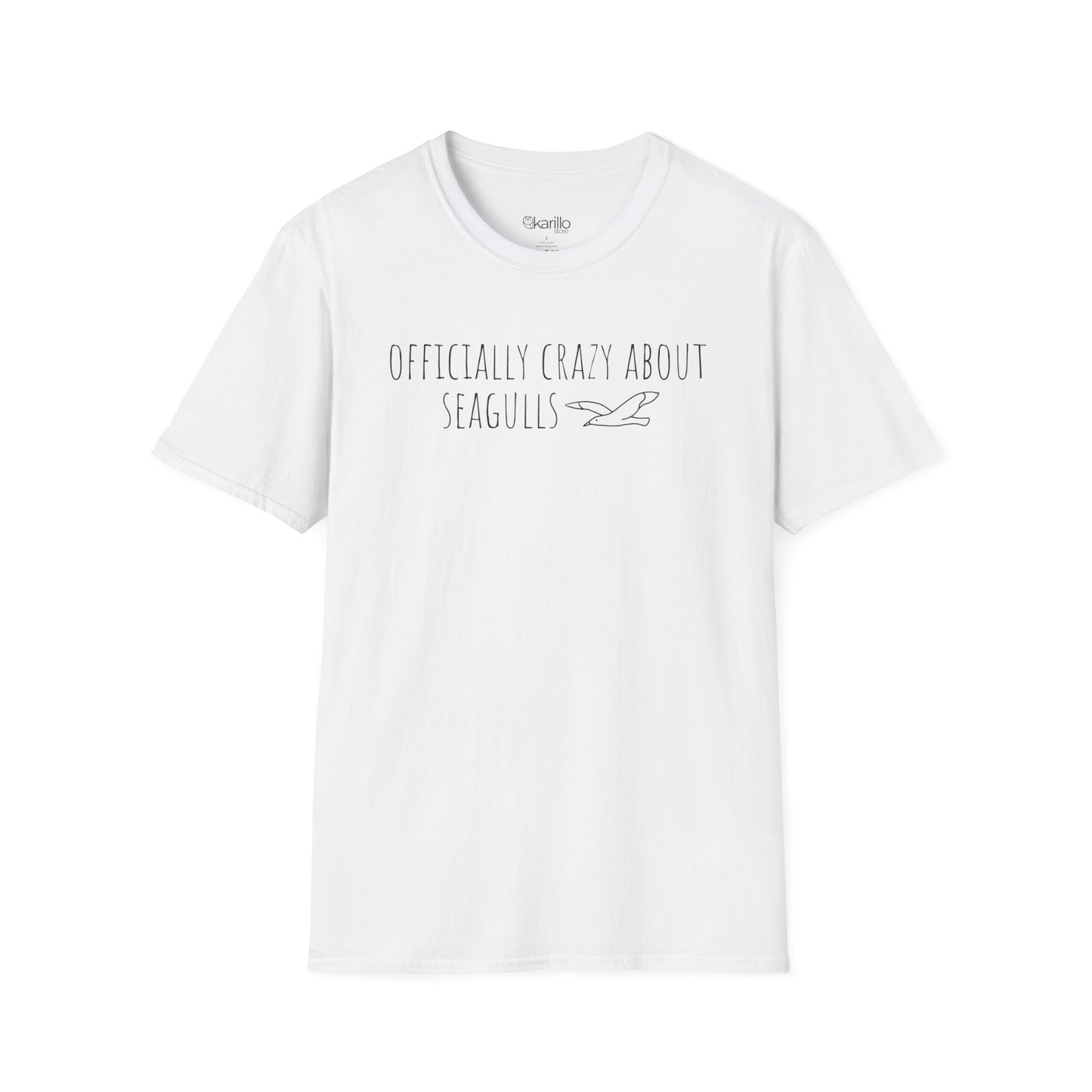 Front side white t-shirt with text 'Officially crazy about seagulls' on a white background