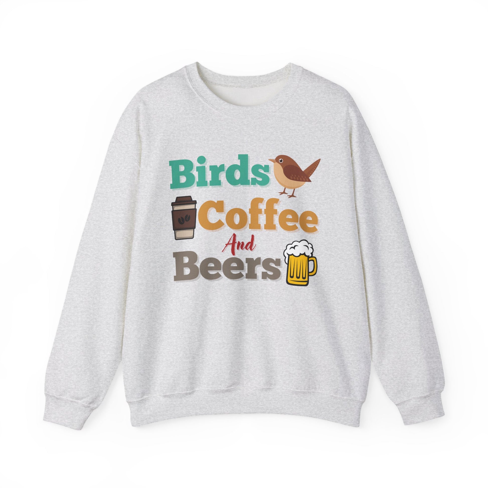 Light gray sweatshirt with colorful "bird, coffee, beers" text and graphics on a white background