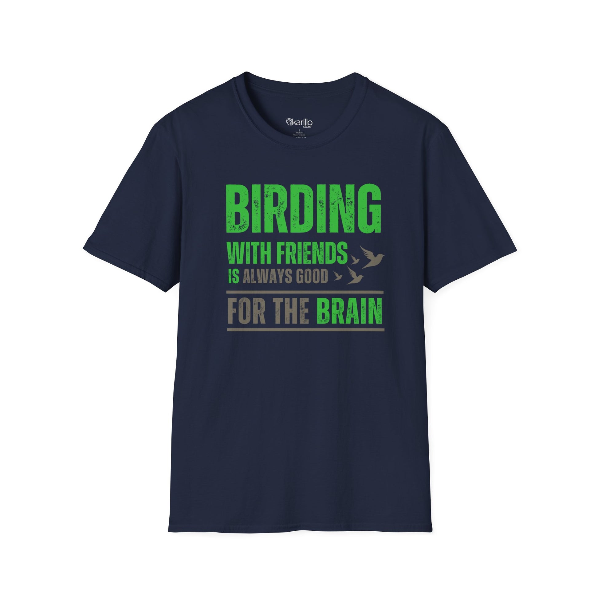 Front view Bird Lover Quote t-shirt navy blue color, Birding With Friends graphic design