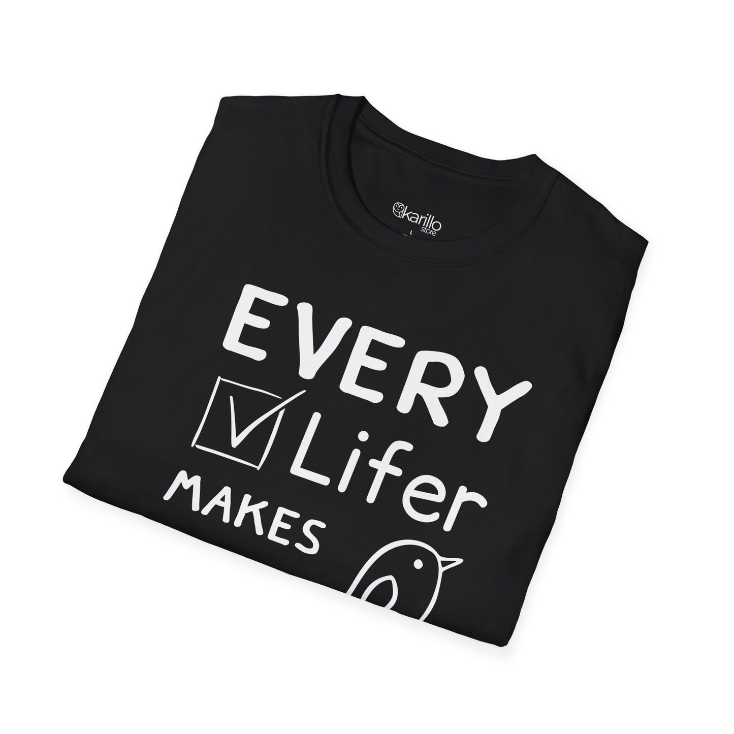 Close-up of funny graphic bird and "Every Lifer Makes Me Happy" text on T-shirt