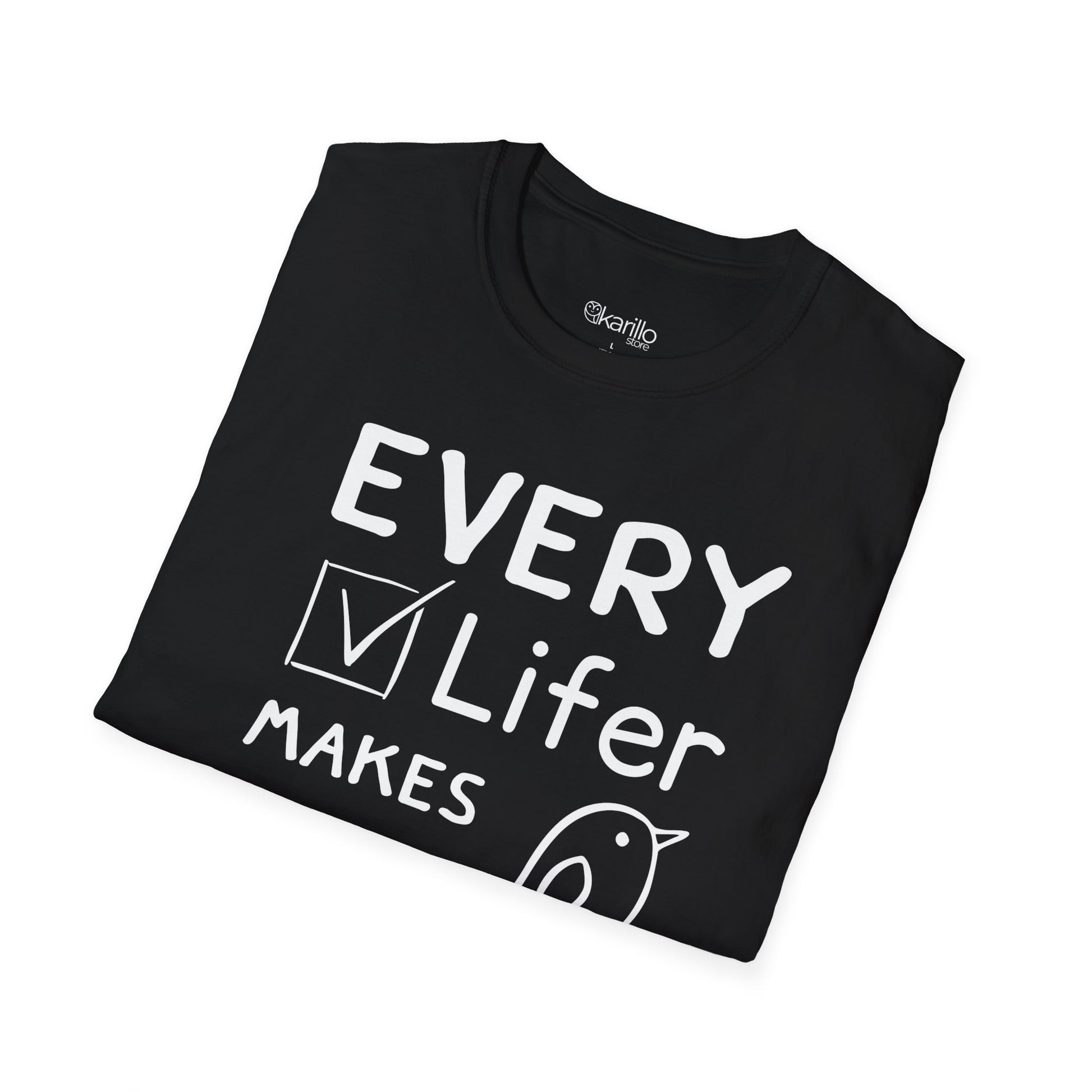 Close-up of funny graphic bird and "Every Lifer Makes Me Happy" text on T-shirt